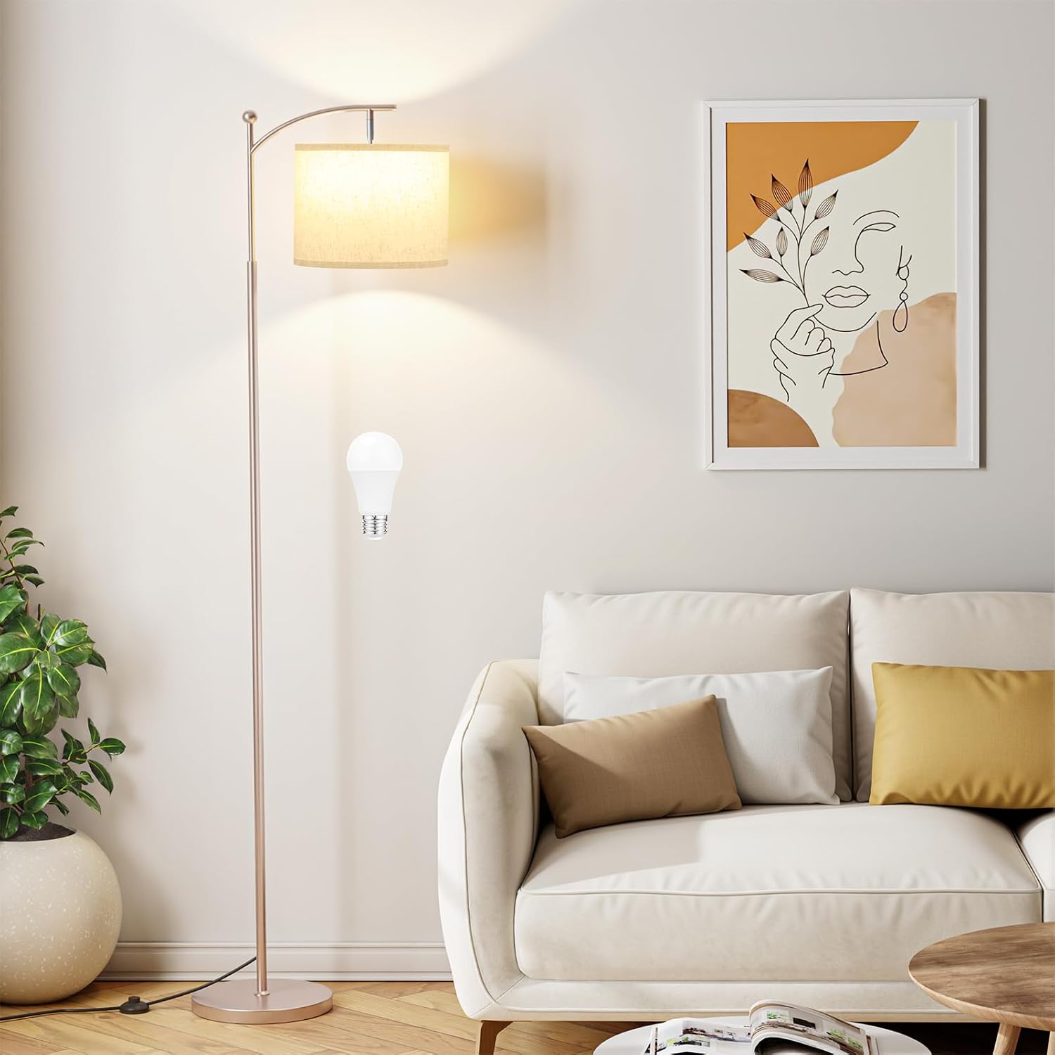 Ambimall 60" Floor Lamp for Living Room with 3 Color Temperatures, Adjustable Beige Shade with Light Gold Pole, Tall Lamp for Bedroom…