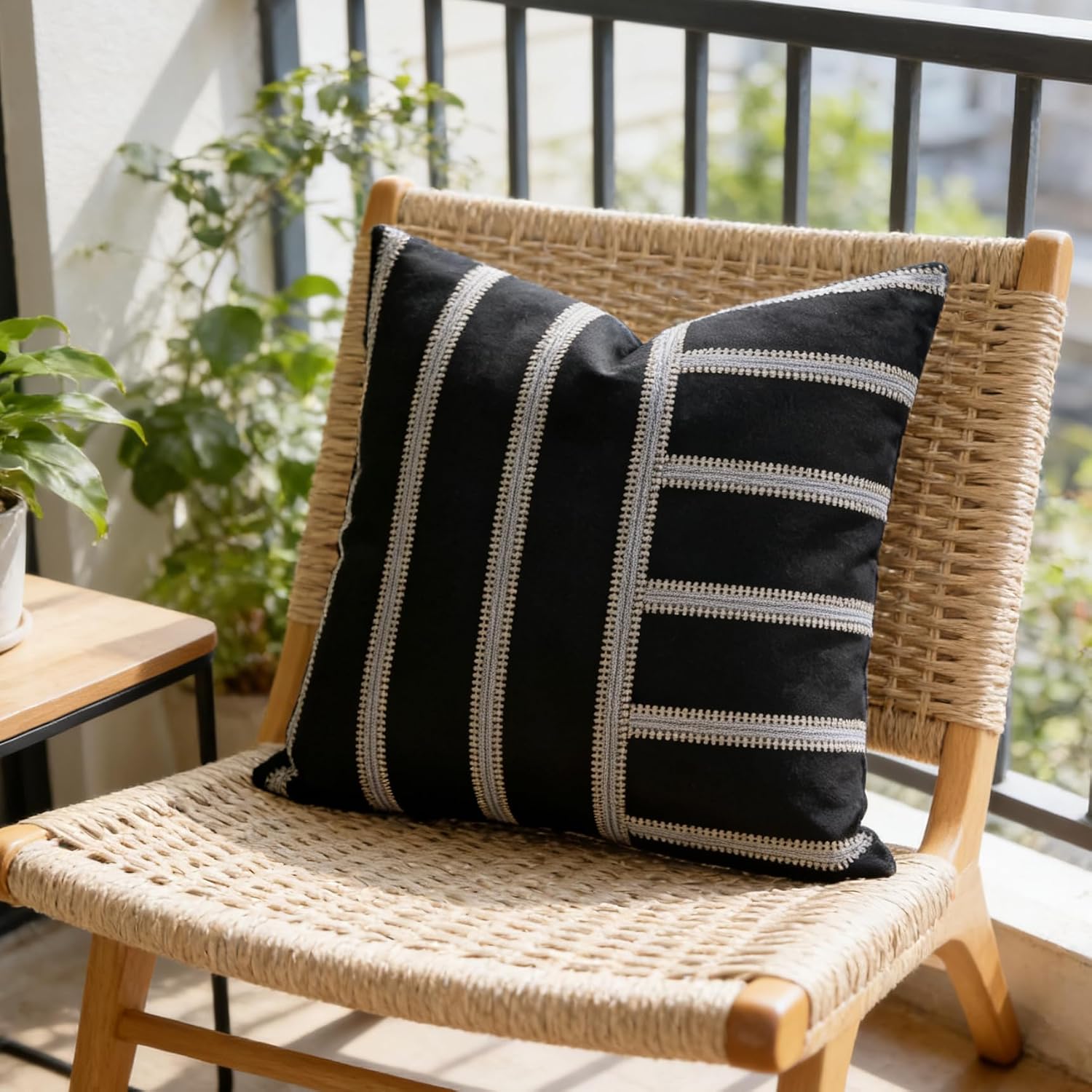 Slow Cow Linen Black and Off White Jacquard Textured Woven Stripe Patchwork Throw Pillow Cover Square 18 x 18 Inches