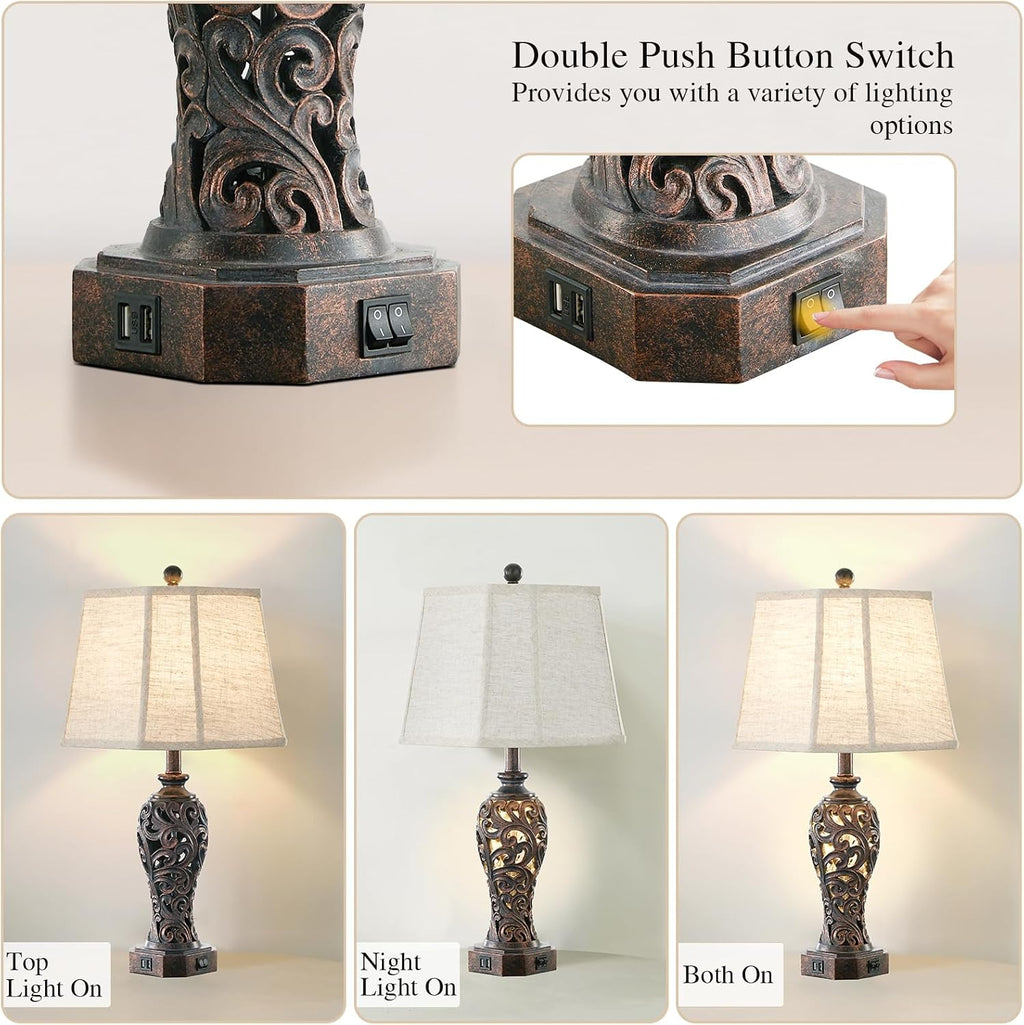 Set of 2 Farmhouse Table Lamps for Living Room, Rustic Vintage Nightstand Lamp with 2 USB Port, Bronze Resin Lamps for Bedroom End Table…