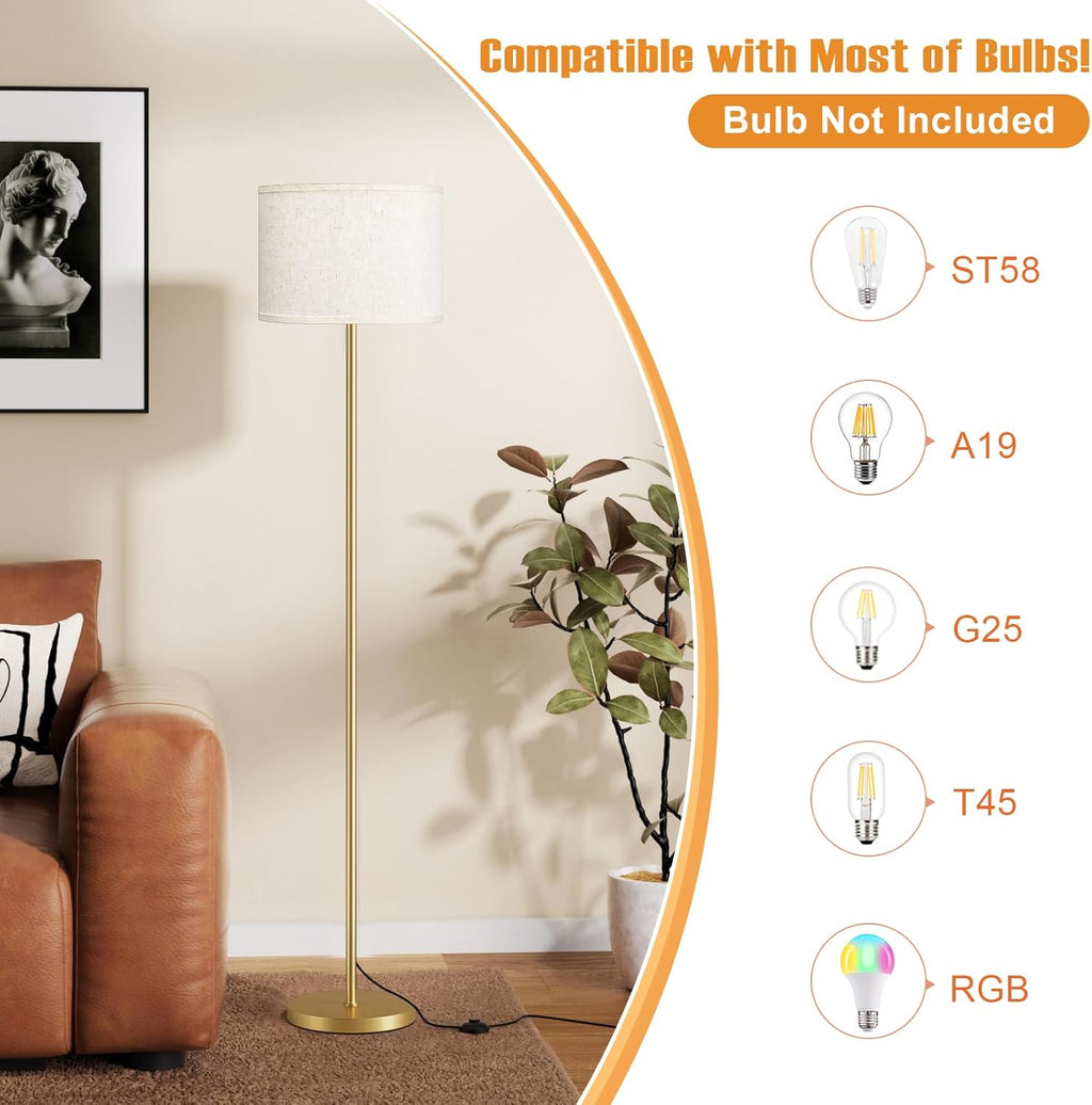 Ambimall 60'' Modern Floor Lamp with Shade, Tall Lamps for Living Room, Bedroom, Office, Dining Room, Beige Shade with Gold Pole(Without Bu…