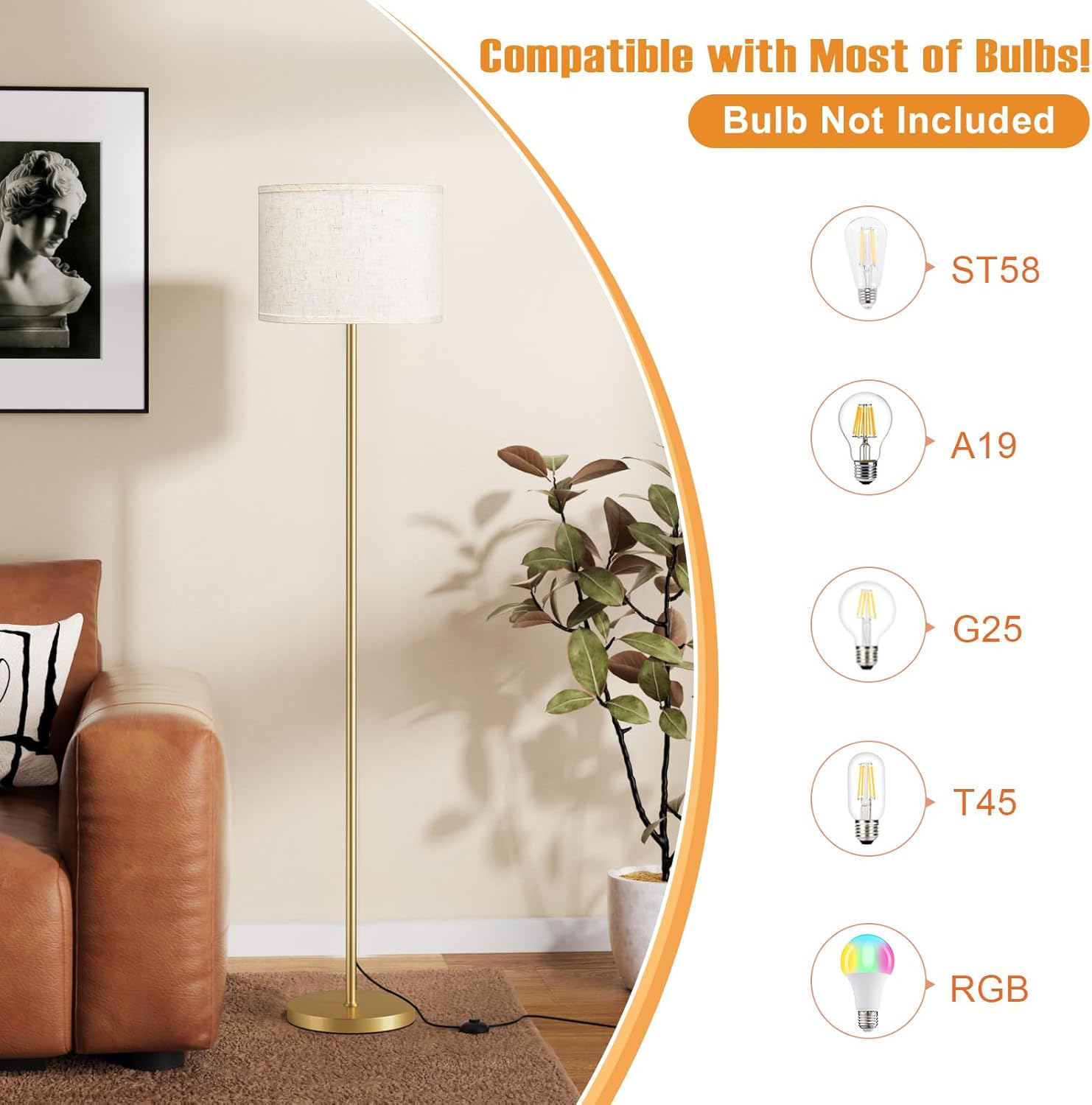 Ambimall 60'' Modern Floor Lamp with Shade, Tall Lamps for Living Room, Bedroom, Office, Dining Room, Beige Shade with Gold Pole(Without Bu…