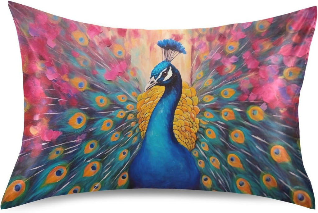 YETTASBIN Peacock Satin Pillowcase, Soft Breathable Silk Pillow Case with Envelope Closure for Hair and Skin, Queen Size 30 x 20 Inch