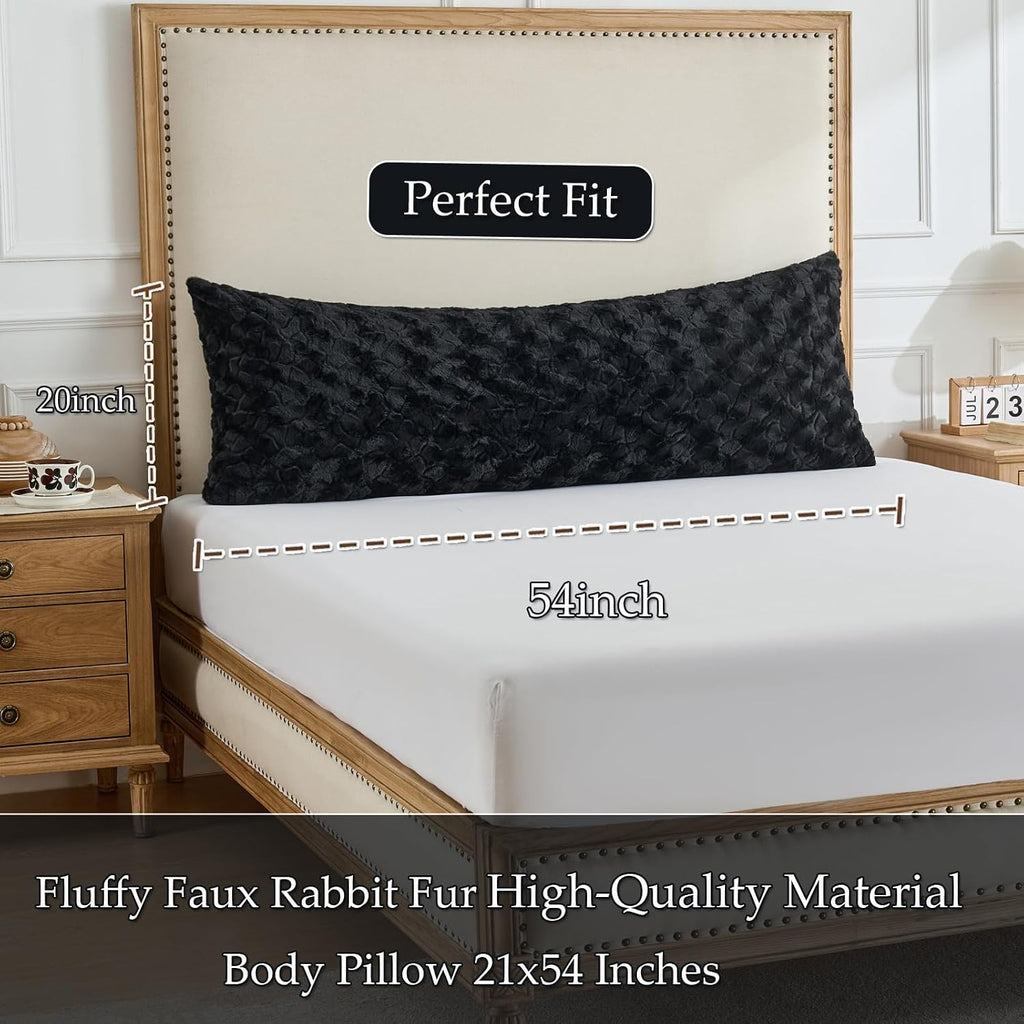 HKMR Fluffy Faux Rabbit Fur Body Pillow, Memory Foam Pregnancy Pillow for Side Sleep Body Pillow,20x54 Long Pillow for Adults-Black 2…