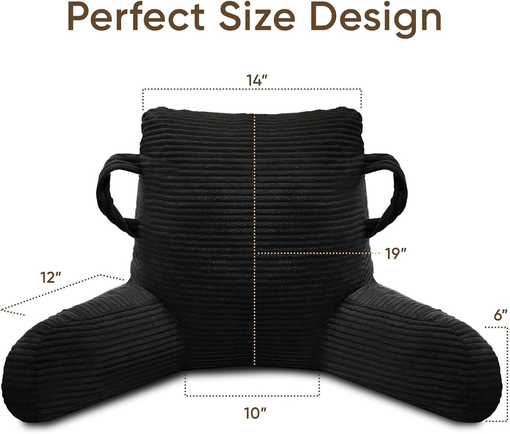 Reading Pillow for Sitting in Bed Adult, Bed Reading Pillow with Shredded Memory Foam, Back Pillow for Sitting with Arms and Pockets, Black