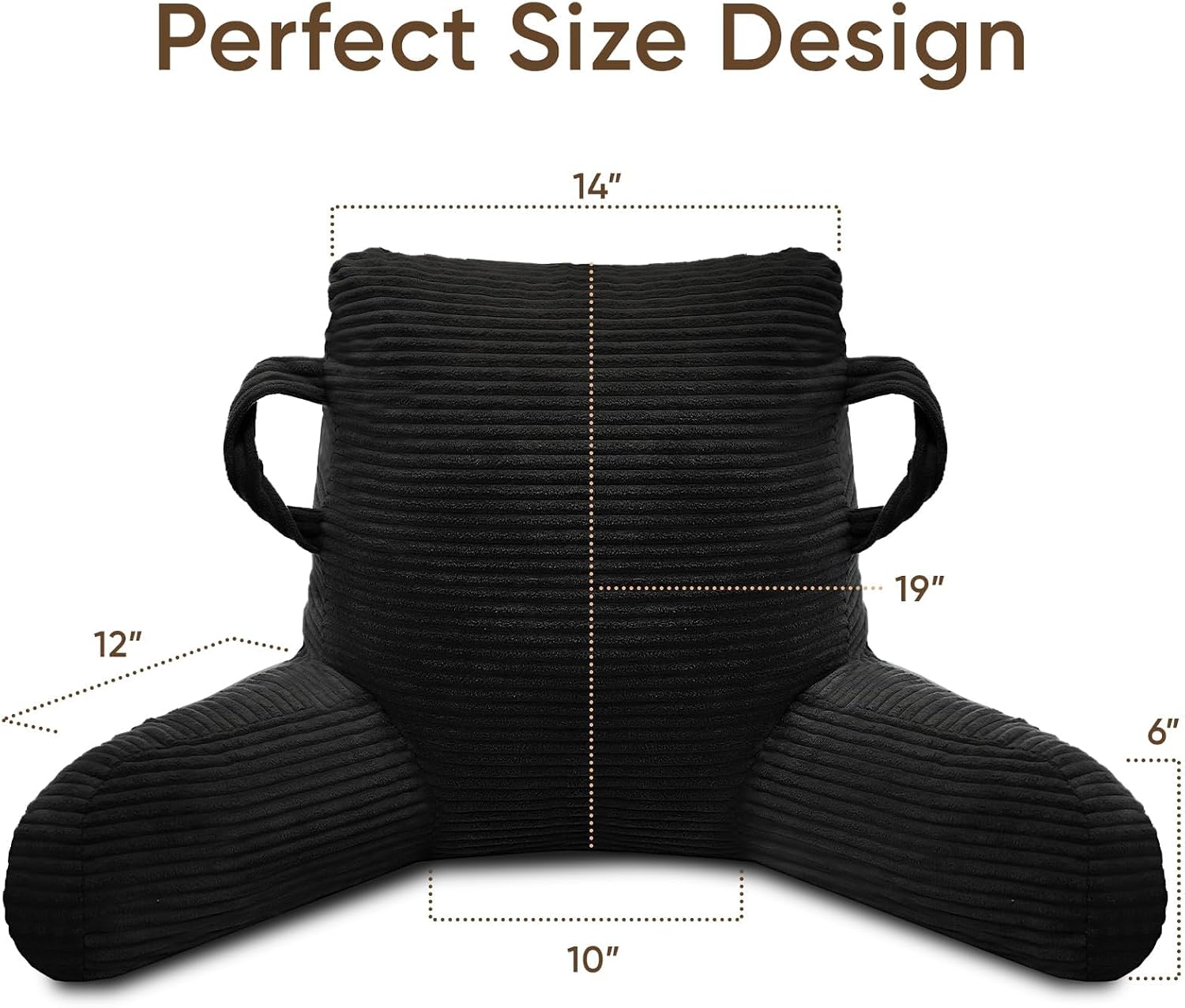 Reading Pillow for Sitting in Bed Adult, Bed Reading Pillow with Shredded Memory Foam, Back Pillow for Sitting with Arms and Pockets, Black