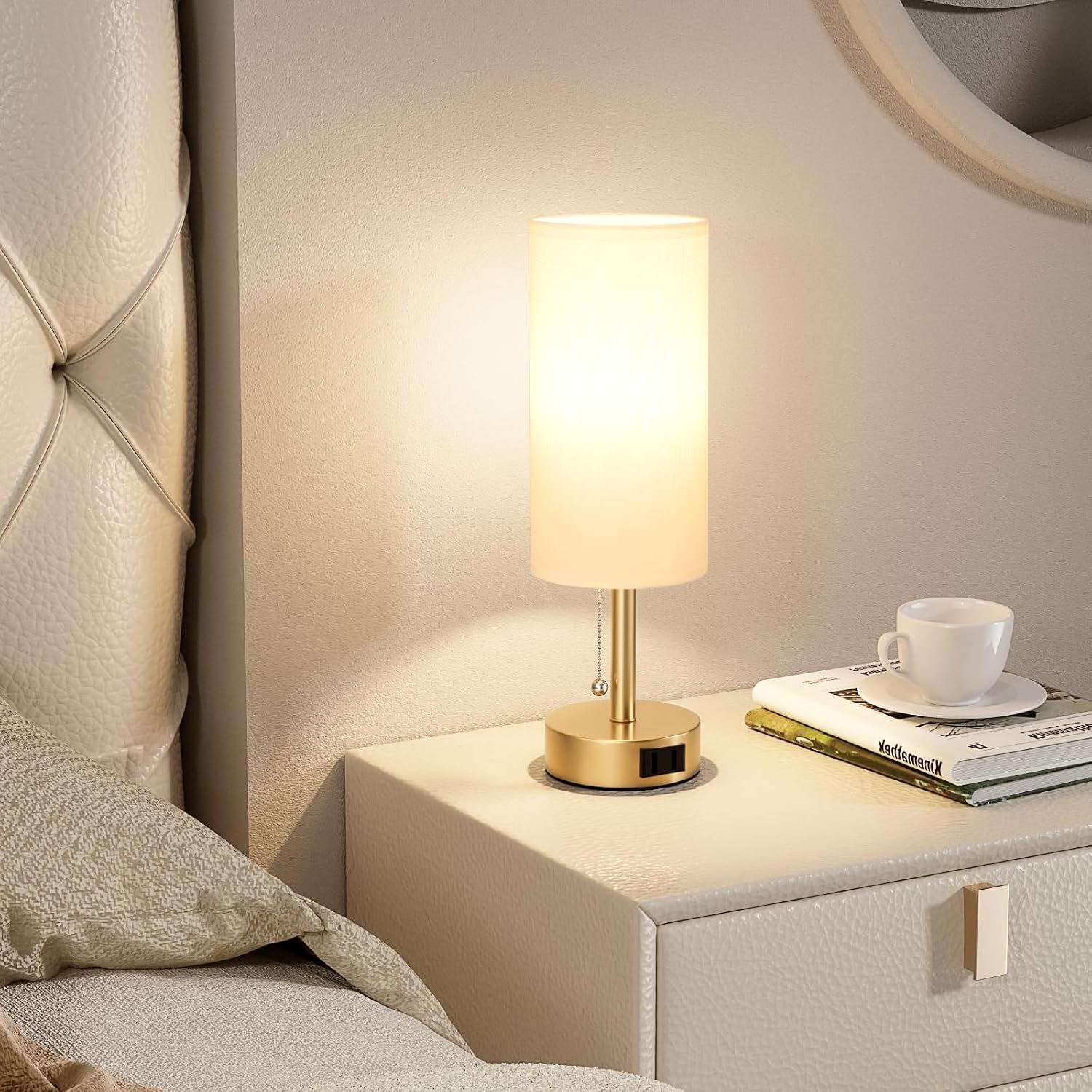 Fenmzee Gold Bedside Table Lamps Set of 2-3 Color Temperatures Pull Chain Lamp with AC Outlet Charging Port, Two Round Night Stand Lamps…