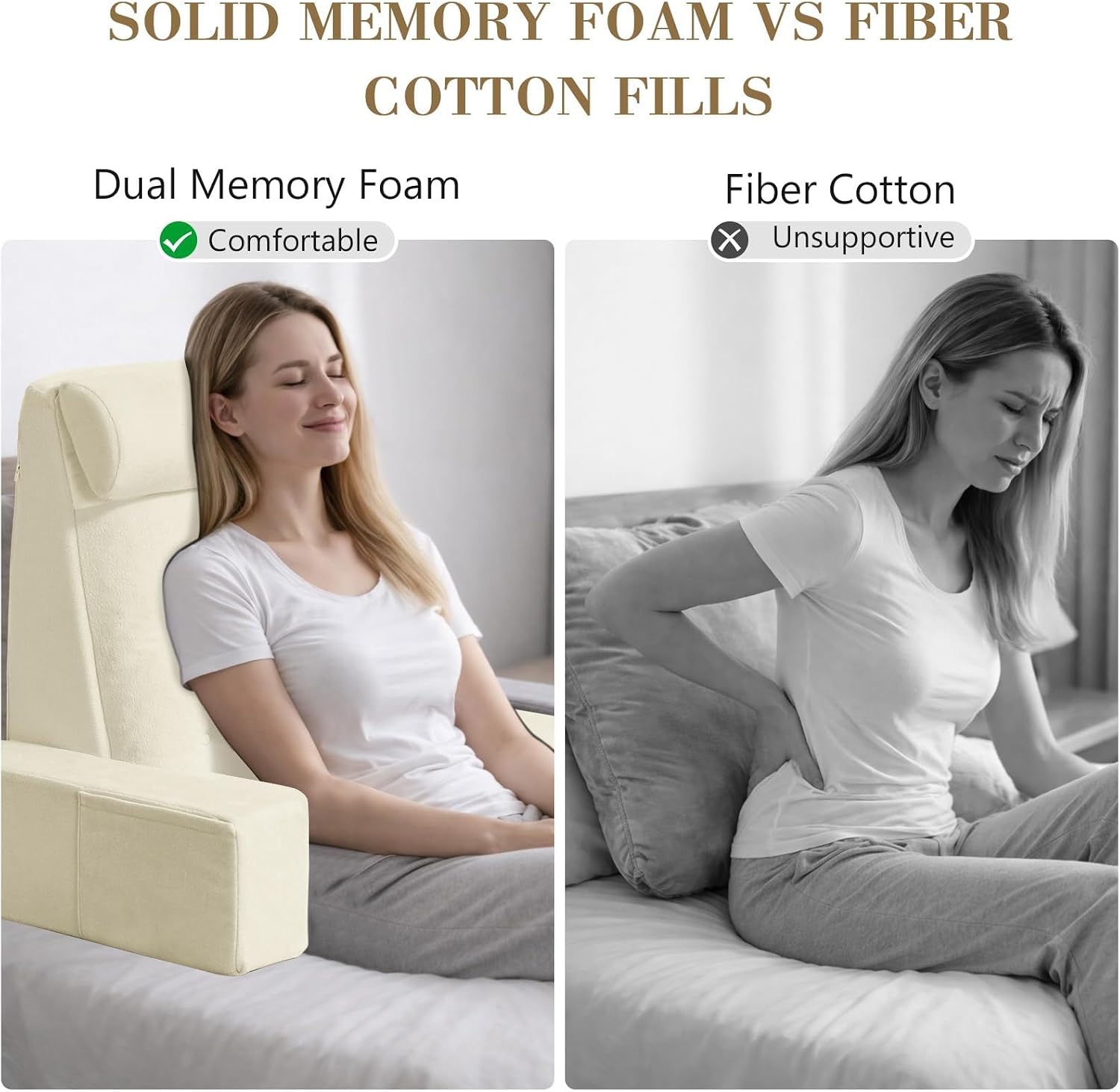 Reading Pillow for Sitting in Bed Adult, 19" Memory Foam Back Support Pillow for Bed Sitting up Beige