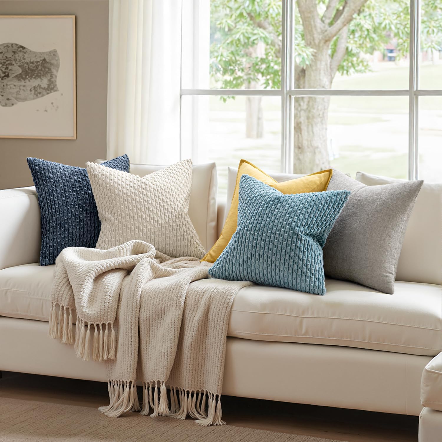 Miulee Pack of 2 Decorative Throw Pillow Covers 22x22 Inch Soft Boho Striped Textured Corduroy Pillow Covers Modern Farmhouse Home Decor fo…