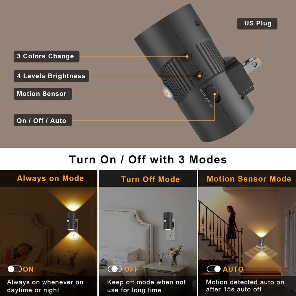 easuntec Motion Sensor Night Light, Night Lights Plug into Wall, Motion Sensor & Dusk to Dawn Sensor, 3 Light Modes, Dimmable Night Light f…
