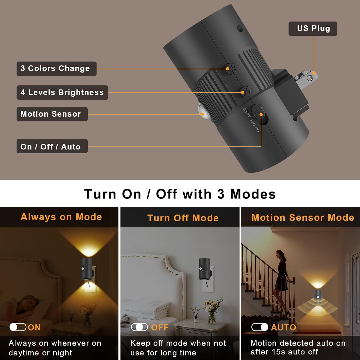 easuntec Motion Sensor Night Light, Night Lights Plug into Wall, Motion Sensor & Dusk to Dawn Sensor, 3 Light Modes, Dimmable Night Light f…