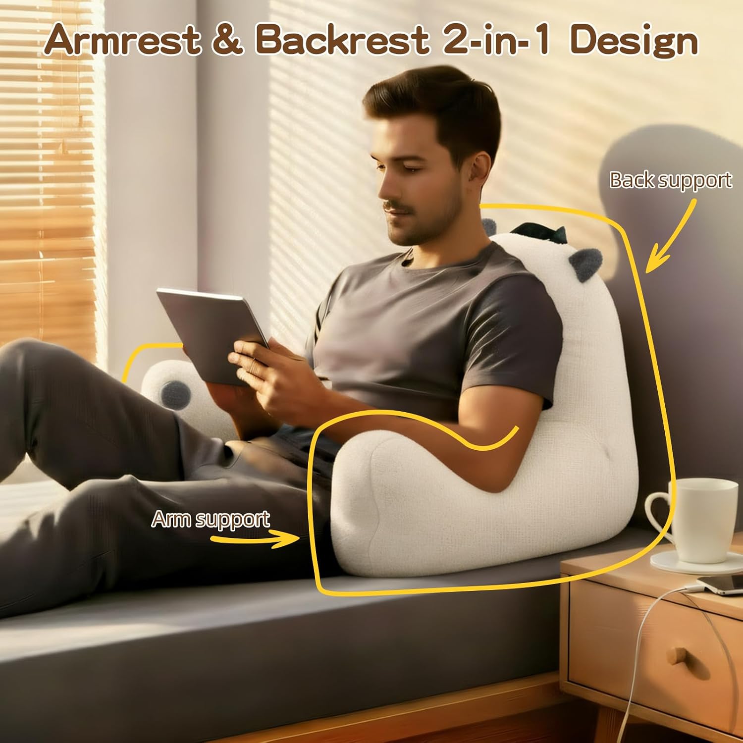 Ajicong Reading Pillow for Sitting in Bed Couch Teens/Adult, Back Rest Pillow for Sitting Up in Bed with Shredded Memory Foam, Includes Arm…