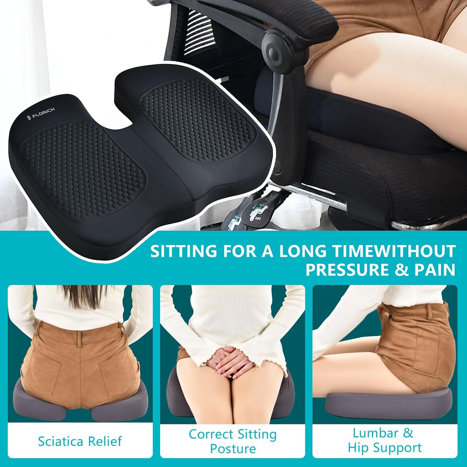 FLORICH 3 PCS Seat Cushion for Carseat Lumbar Support Pillow Car Neck Headrest Pillows Memory Foam Gel Memory Foam Massage Point Seat…