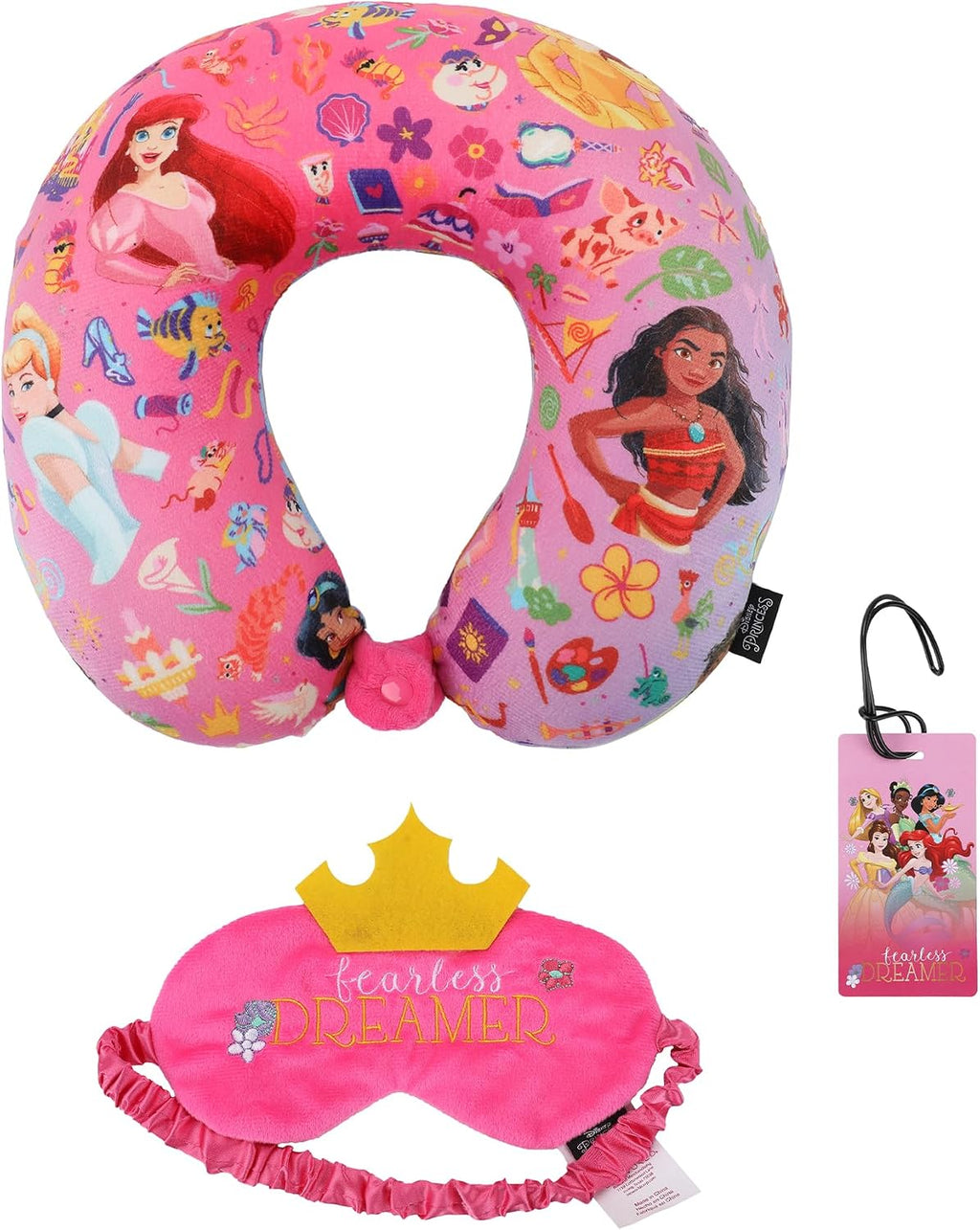 Bioworld Disney Princess 3-Piece Neck Pillow Travel Set with Eye Mask & Luggage Tag plastic Pink