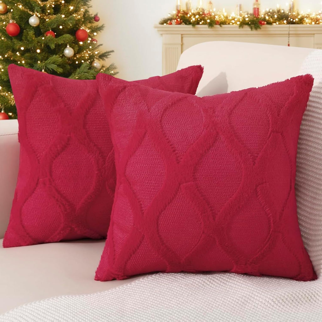 decorUhome Summer Euro Sham Throw Pillow Covers 22x22 Inch Set of 2, Soft Plush Faux Fur Wool Red Accent Couch Pillow Covers for Modern Far…
