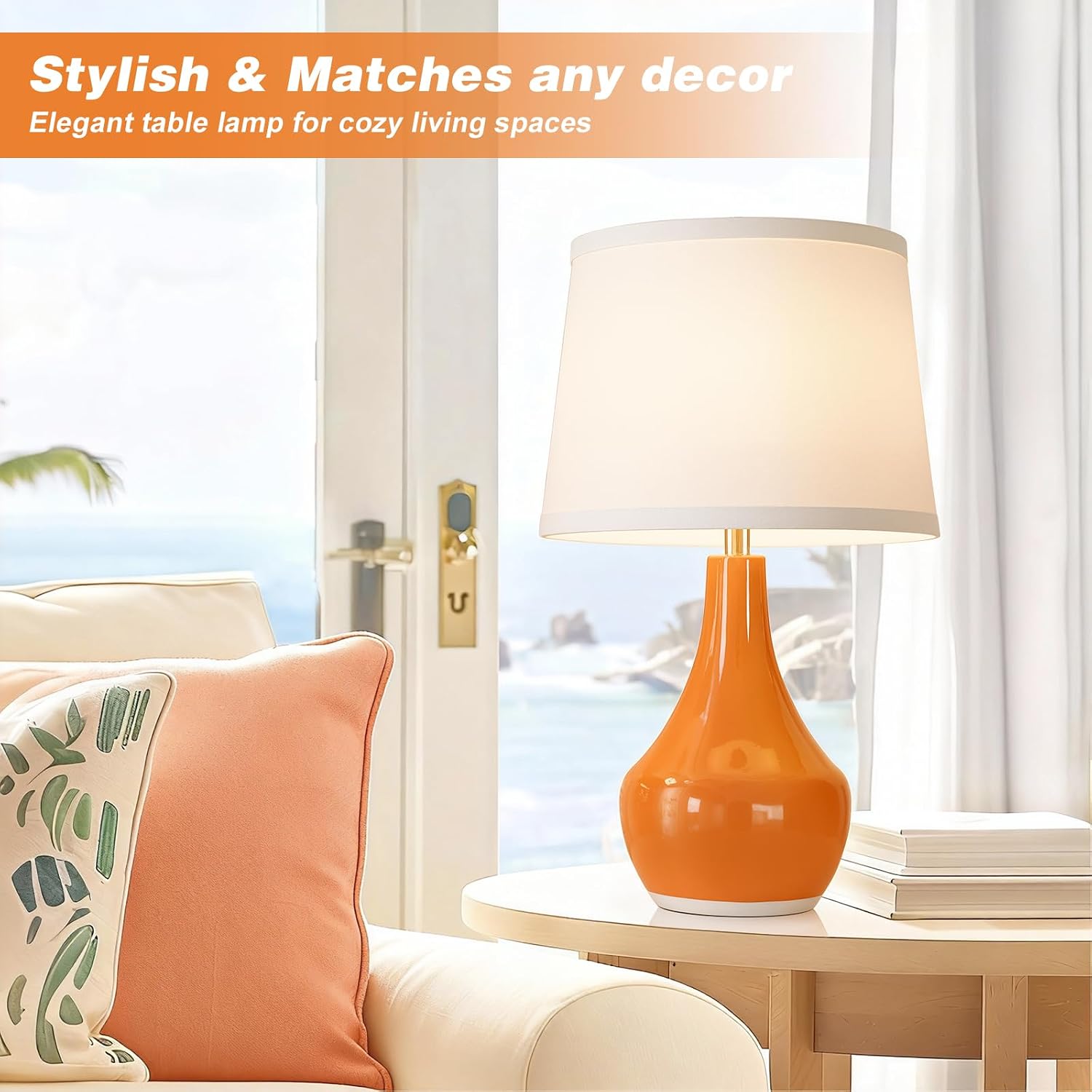 Seealle Modern Ceramic Table Lamps for Night Stands - Bedside Lamps Set of 2 for Nightstand, Orange Bedroom Lamp for Living Room Cute Desk…