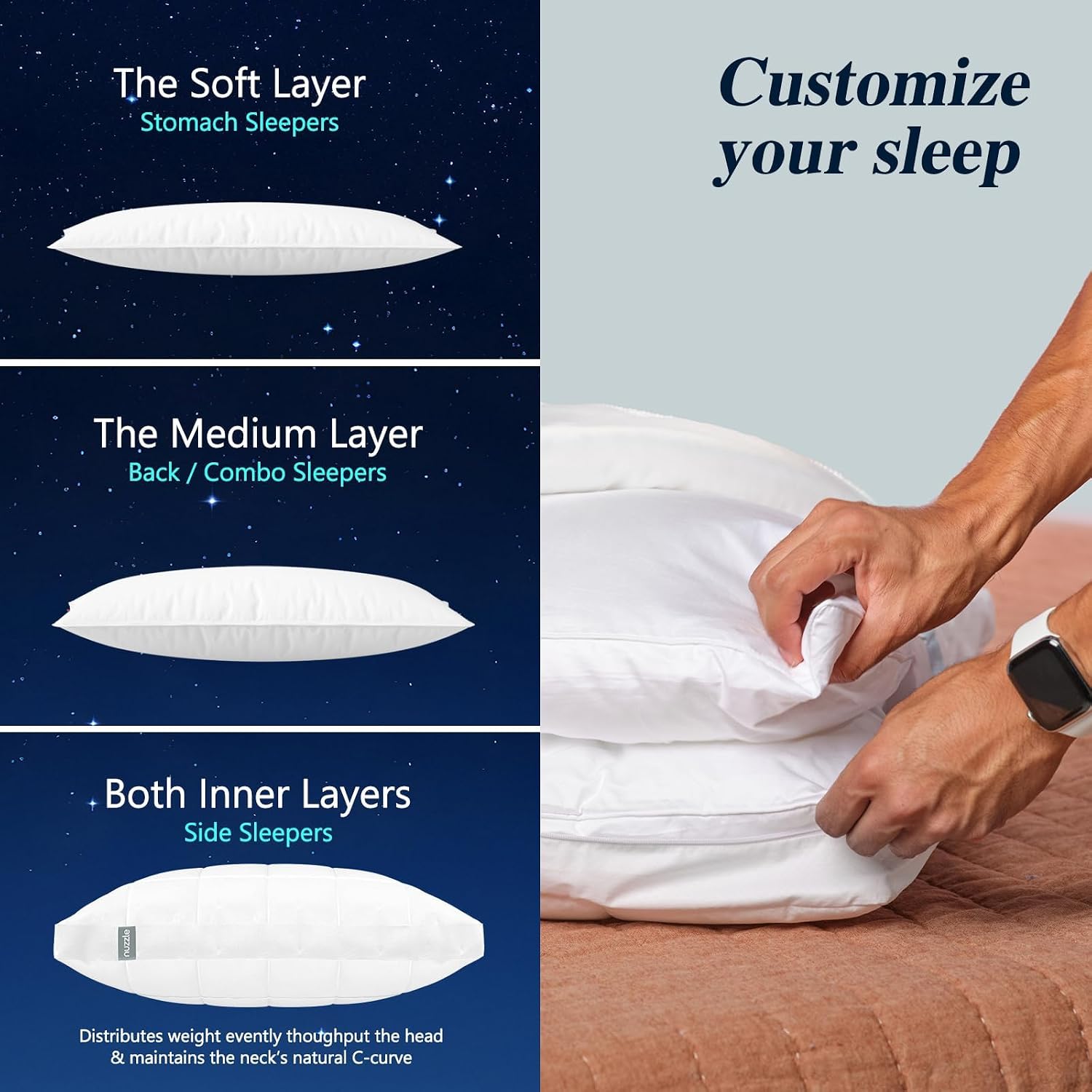 Nuzzlepillow Nuzzle Pillows Standard Size Set of 4, Adjustable Firm Pillows Luxury Hotel Collection Bed Pillows – Adjust Height Soft Cooling…