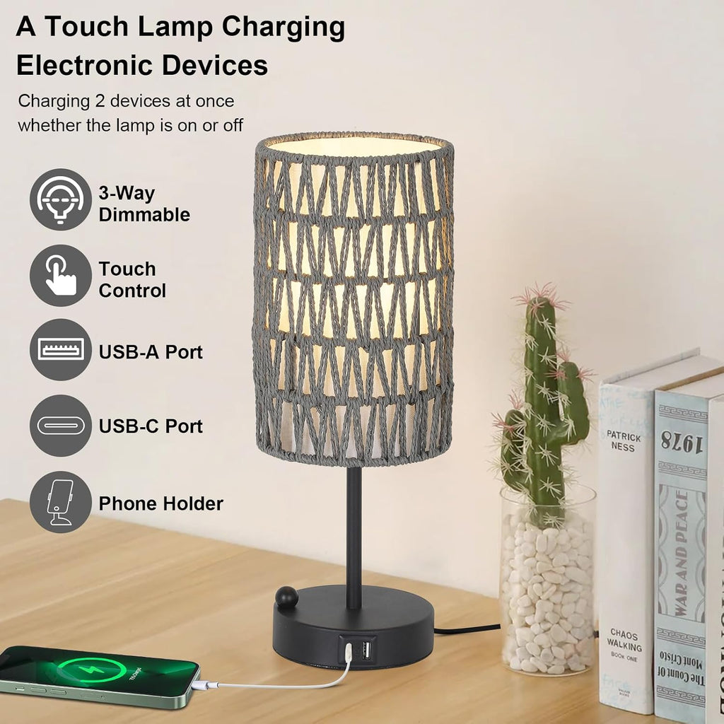 Touch Bedside Lamp For Bedroom with Bulb, Gray Boho Small Table Lamp For Living Room With Rattan & Linen Shade, 3 Way Dimmable Table Lamp…