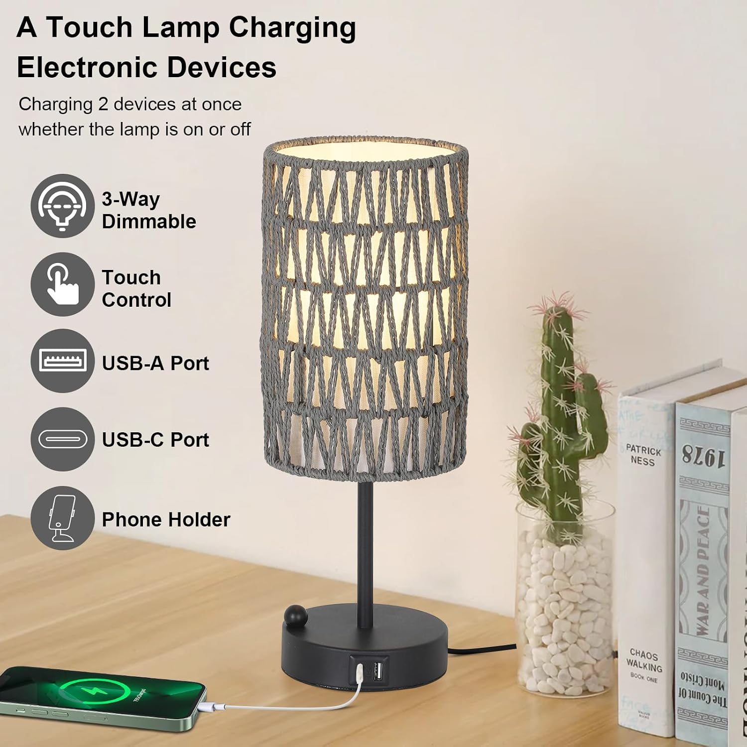 Touch Bedside Lamp For Bedroom with Bulb, Gray Boho Small Table Lamp For Living Room With Rattan & Linen Shade, 3 Way Dimmable Table Lamp…