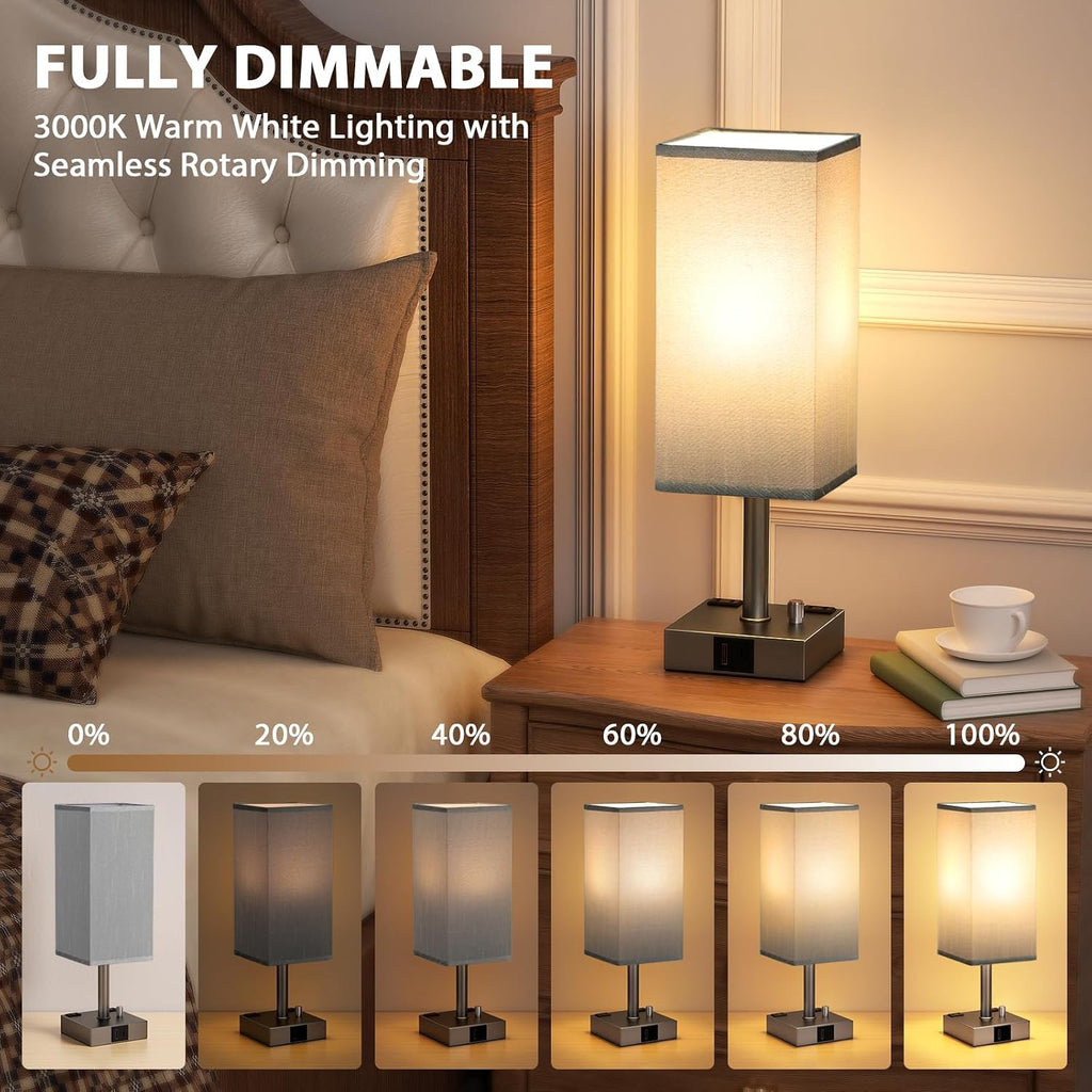 aooshine Grey Fully Dimmable Nightstand Lamps Set of 2 - Table Bedside Lamp with USB C+A Charging Ports & 2 AC Outlets, Square Lamp Sets…