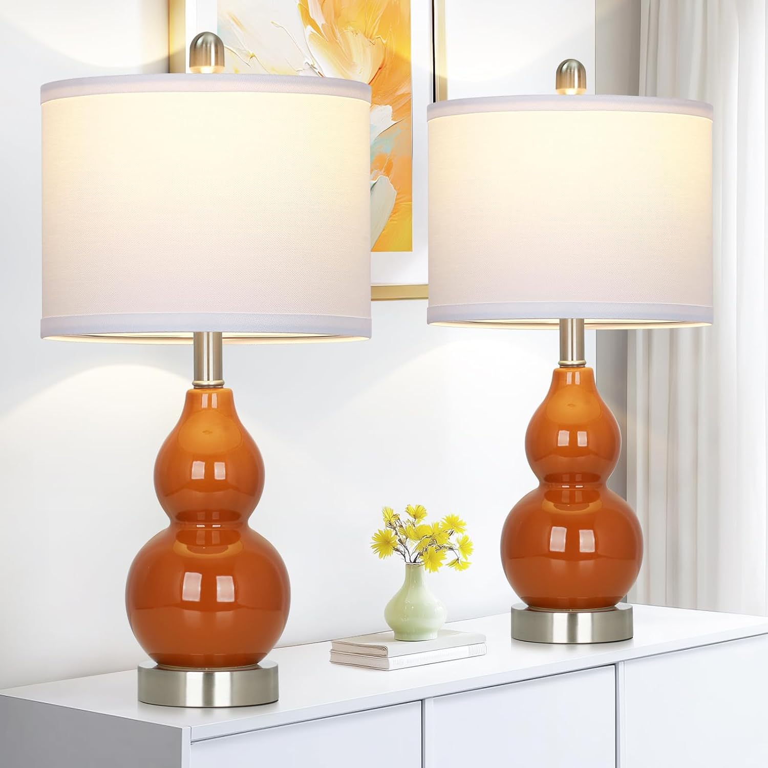 Rinweey Double Gourd Ceramic Table Lamps Set of 2, Modern Red Bedside Lamps for Night Stand, Contemporary Nightstand Lamps for Bedroom…