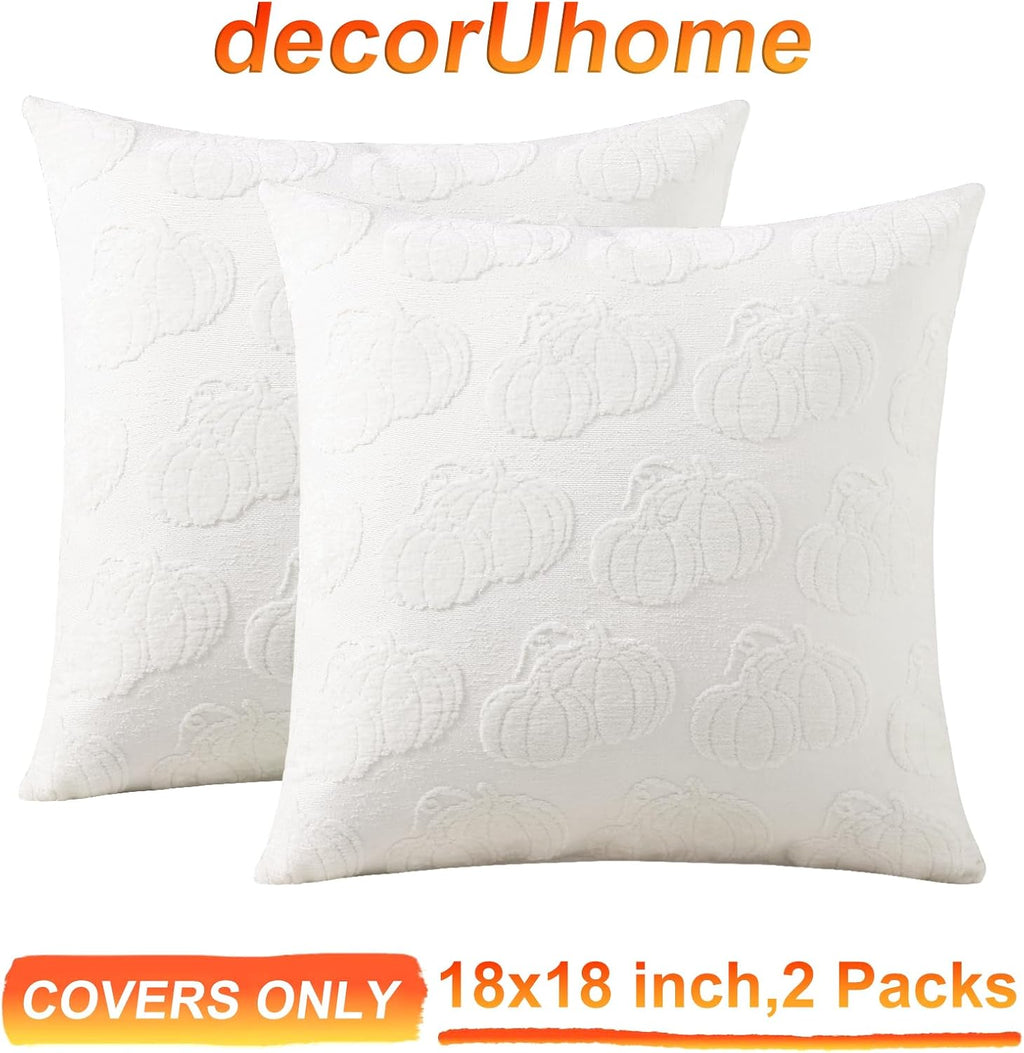 decorUhome Decorative Two Cream White Pumpkins Thanksgiving Throw Pillow Covers 18x18 Set of 2, Soft Chenille Jacquard Farmhouse Textured…