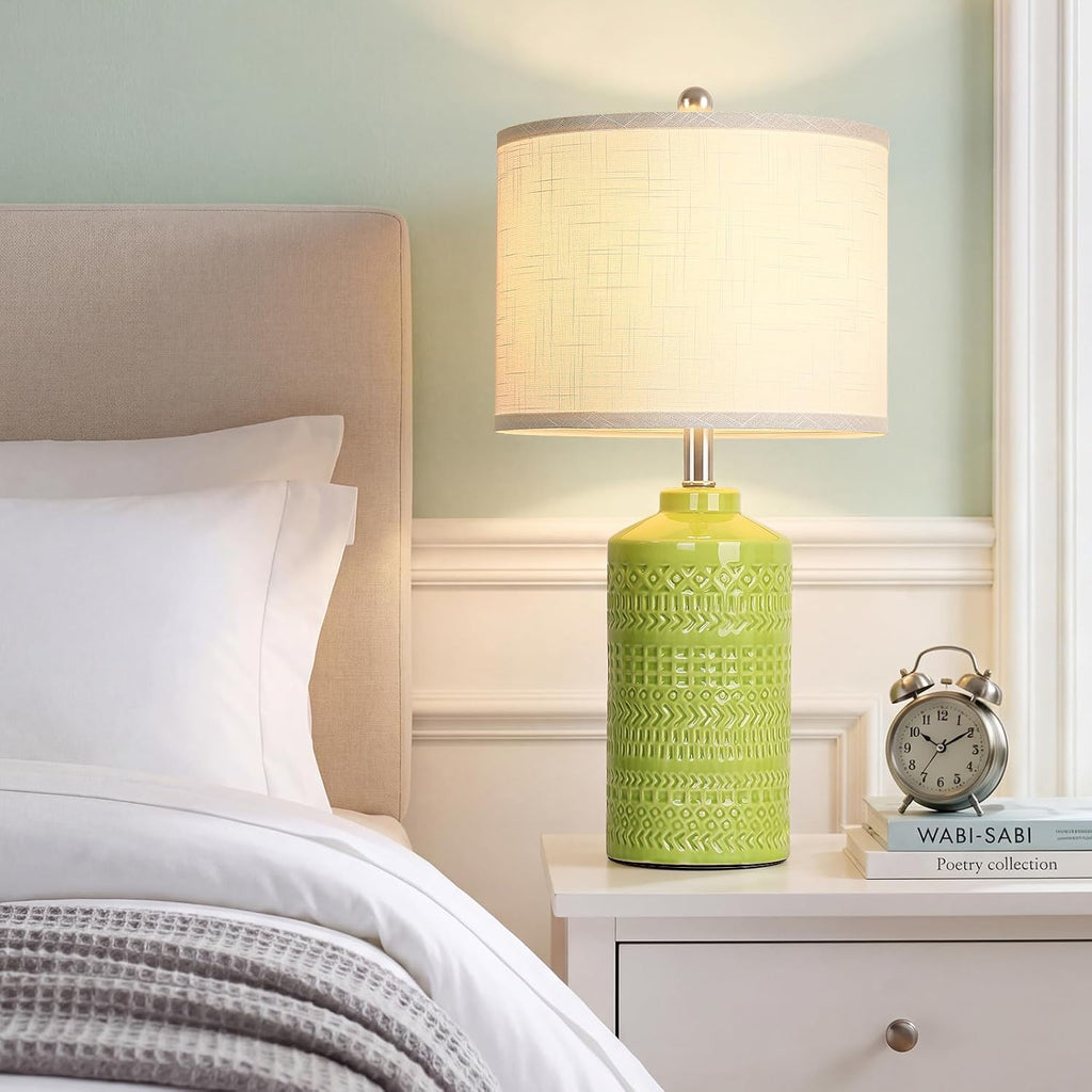 JUNNAI Light Green Ceramic Table Lamp 25 inch 3-Way Dimmable Nightstand Lamp with White Linen Shade Bedside Lamp for Living Room Bedroom…