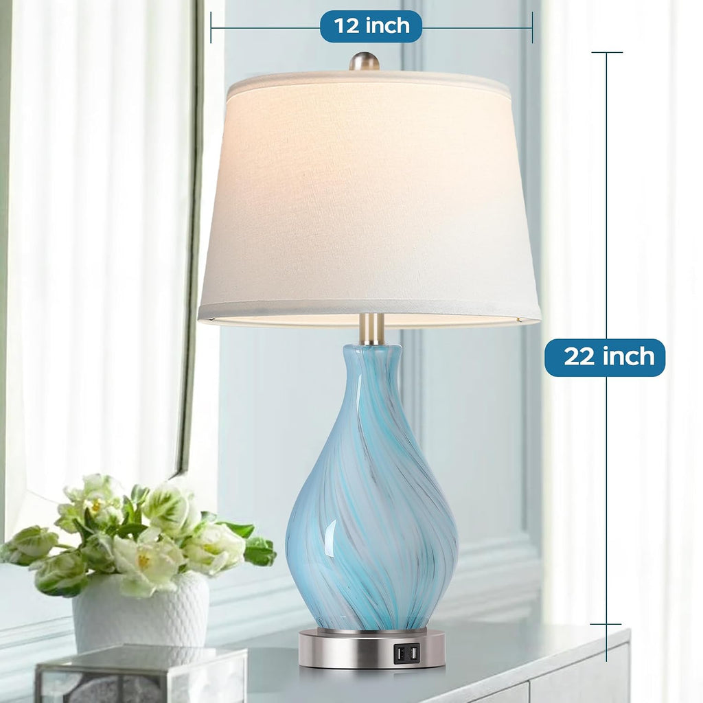 Modern Accent Table Lamp Set of 2 Touch Control, 22" Faded Swirl Blue Gray Art Glass Bedside Lamp with USB Ports, 3-Way Dimmable Hand…