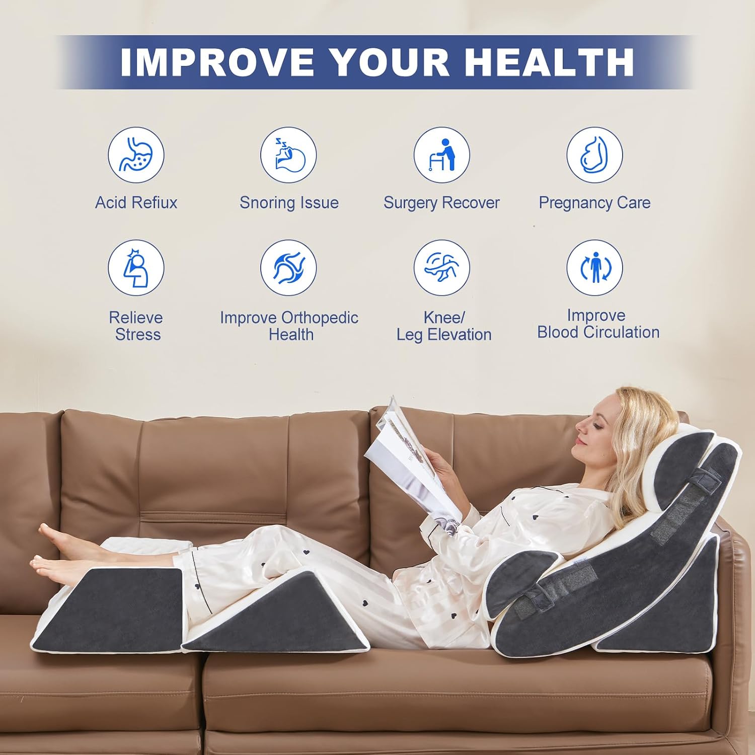 WSOFRLAC 6PCS Multi-Functional Bed Wedge Pillow Kit - 7-in-1 Orthopedic Support for Back/Neck/Legs, Post Surgery Recovery & Sitting Up in…
