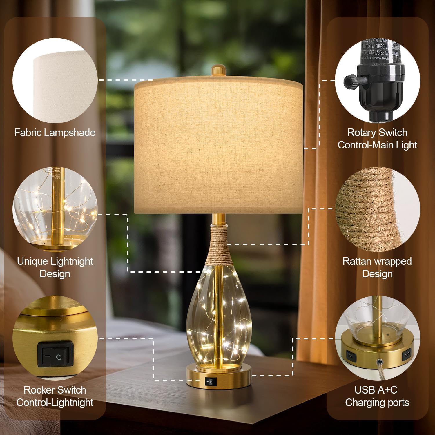 OYEARS 23" Table Lamps for Living Room Set of 2 Bedside Lamps for Night Stands Bedroom Lamps Farmhouse Rattan Boho Lamp Glass Nightlight…