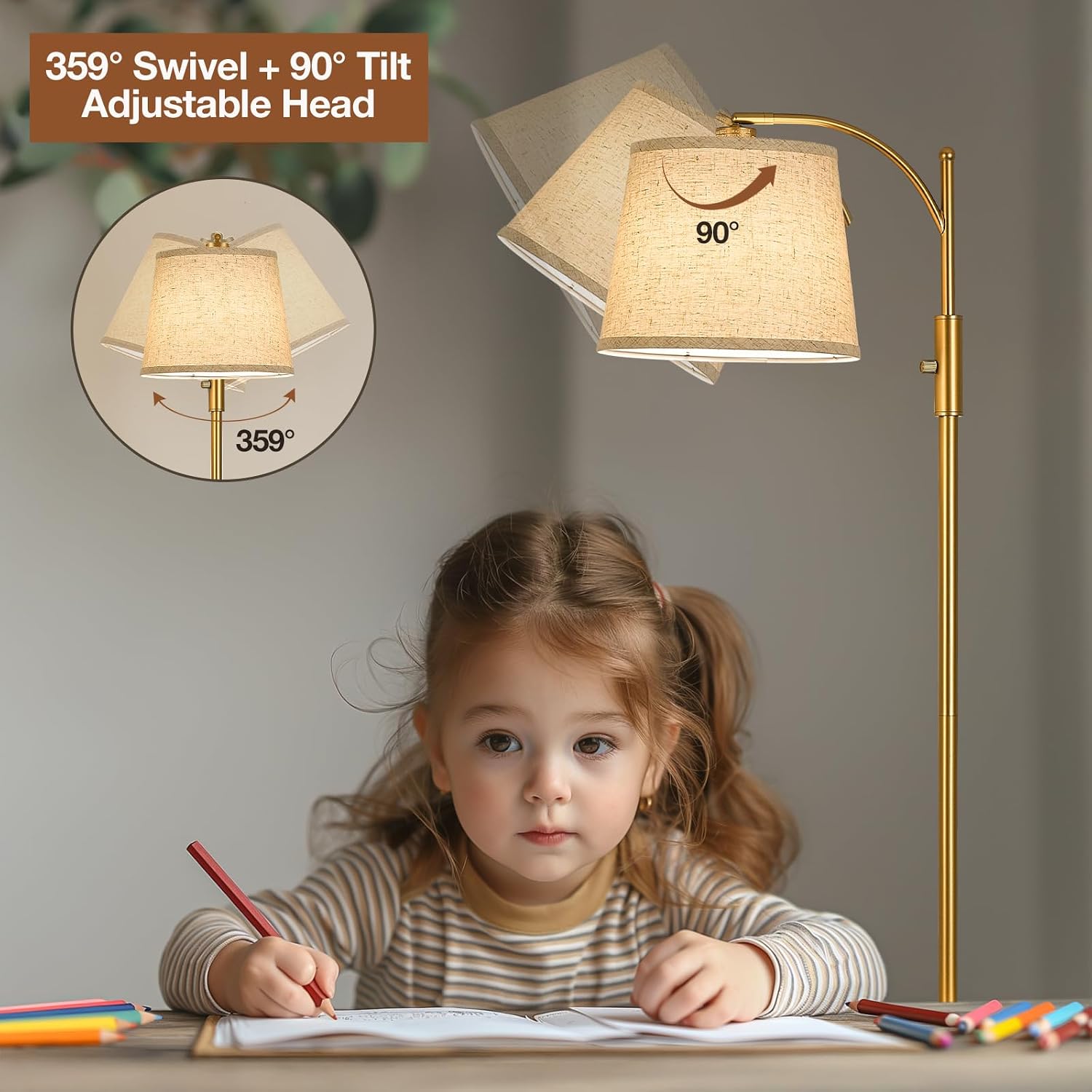AIDENOEY Fully Dimmable Floor Lamp for Living Room, Standing Lamp Rotary Switch with Table&Linen Beige Shade, Golden Tall Lamps for Bedroom…