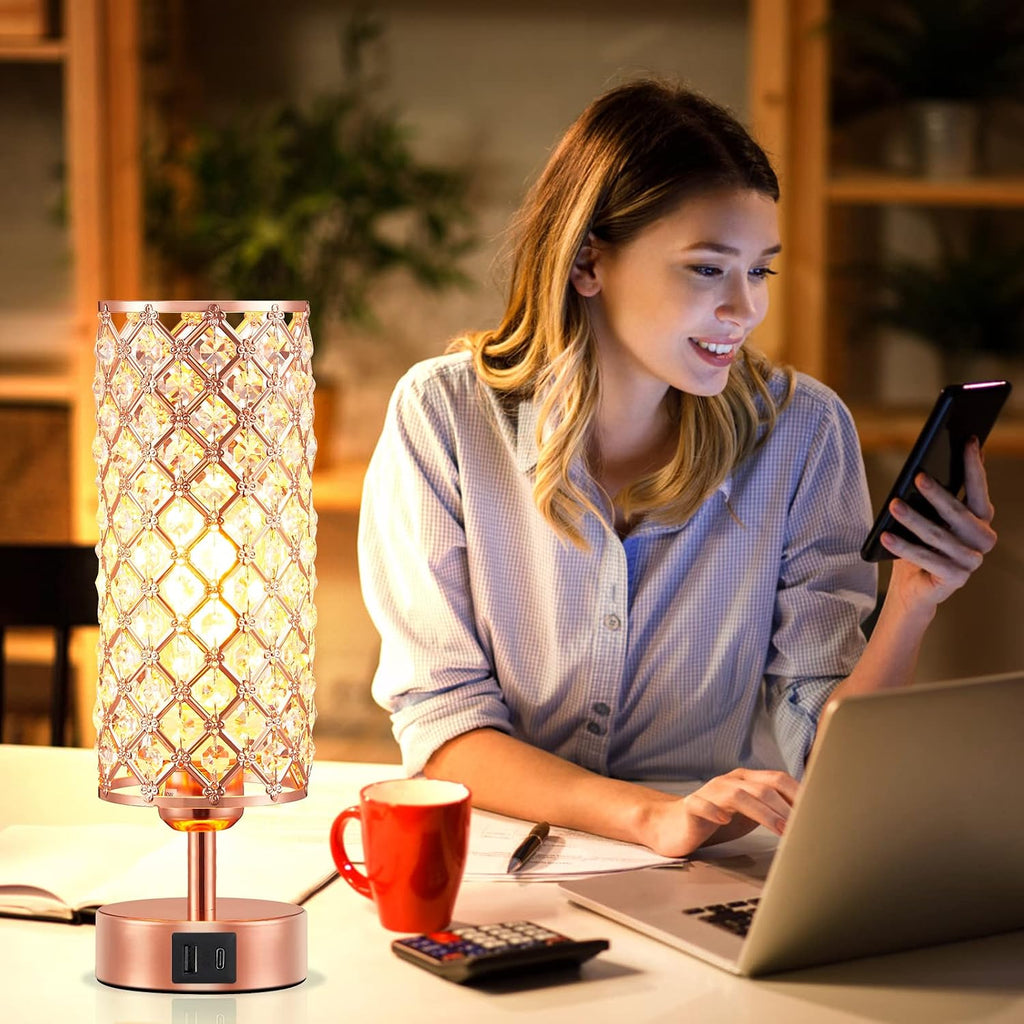 Hong-in Crystal Table Lamp - 3-Way Dimmable Touch Control, Rose Gold Bedside Lamp with USB C and A Ports, Nightstand Light for Living…