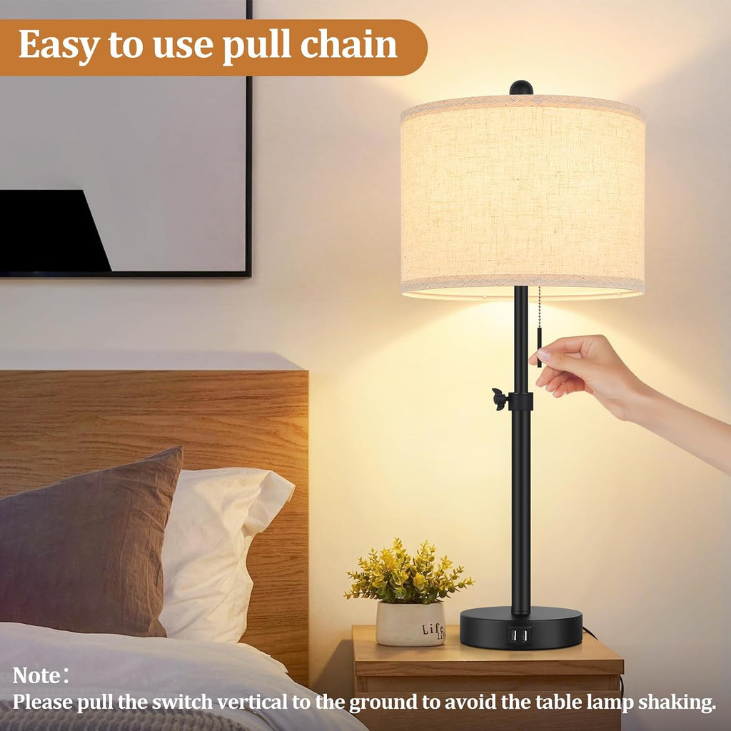Adjustable Table Lamps for Bedroom Set of 2, 23''-30'' Height Adjusted Bedside Lamps with 2 USB Ports, Black Nightstand Lamps with Cream…