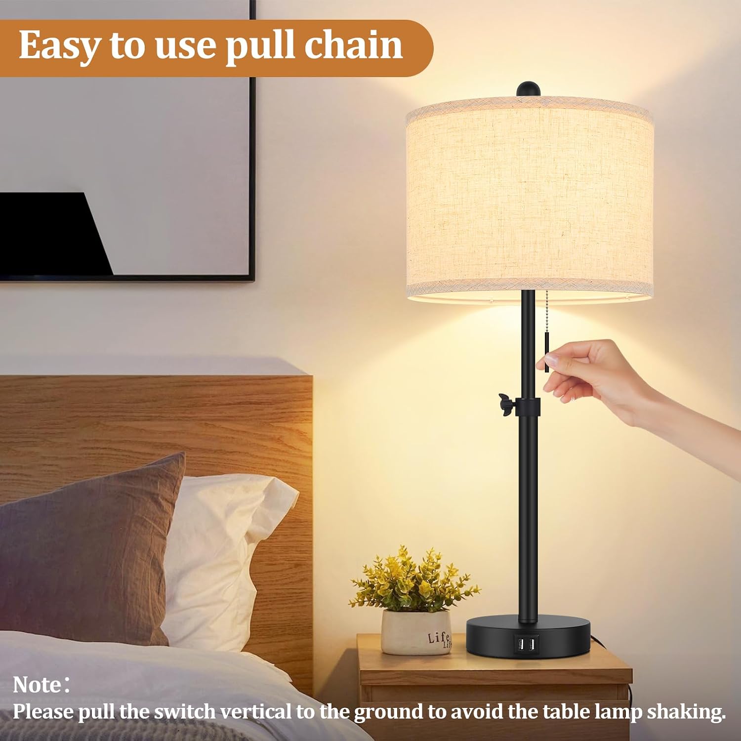 Adjustable Table Lamps for Bedroom Set of 2, 23''-30'' Height Adjusted Bedside Lamps with 2 USB Ports, Black Nightstand Lamps with Cream…