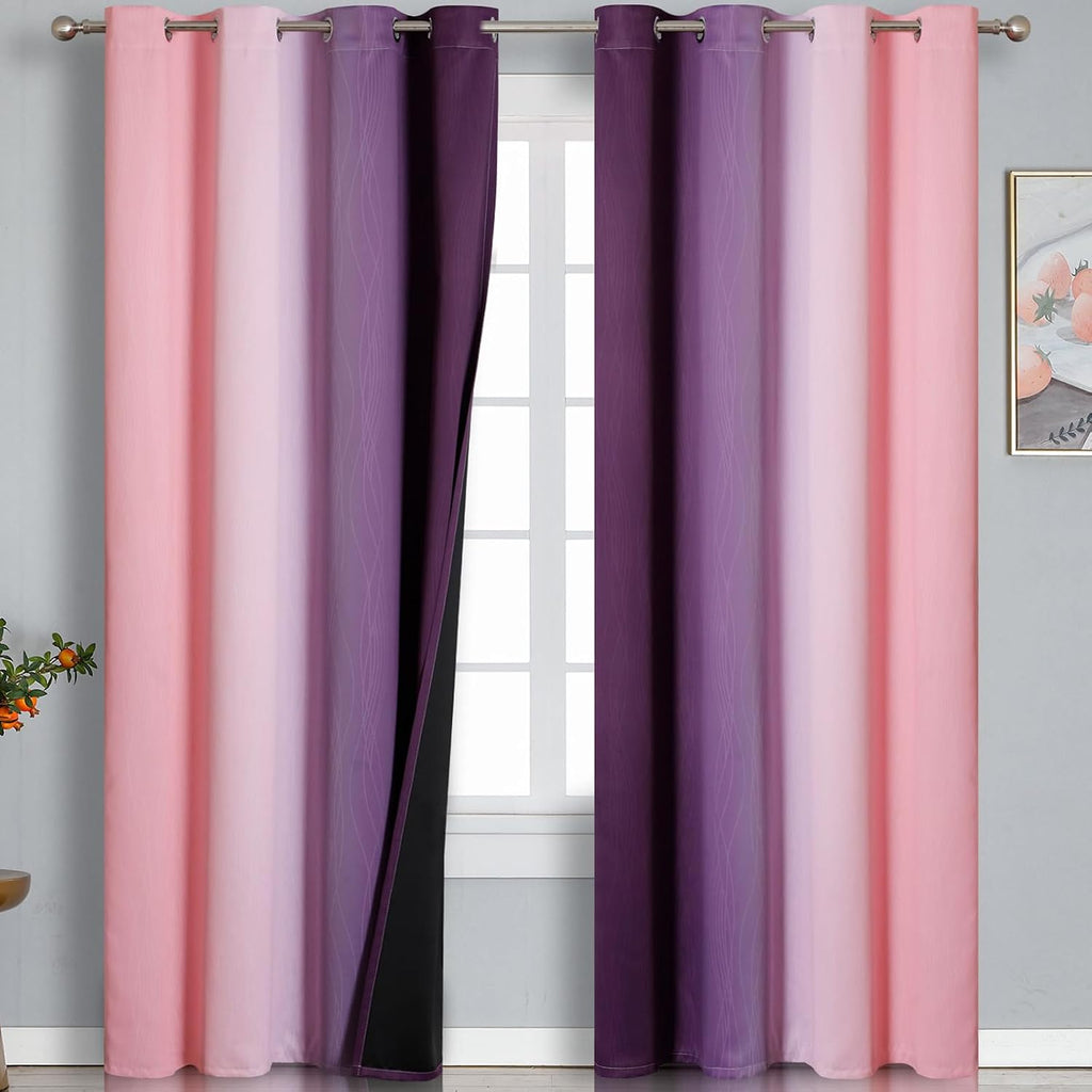Estelartextiler Estelar Textiler Pink and Purple Ombre Blackout Curtains 90 Inches Long 2 Panels Set, Thermal Insulated Gradient Drapes for…