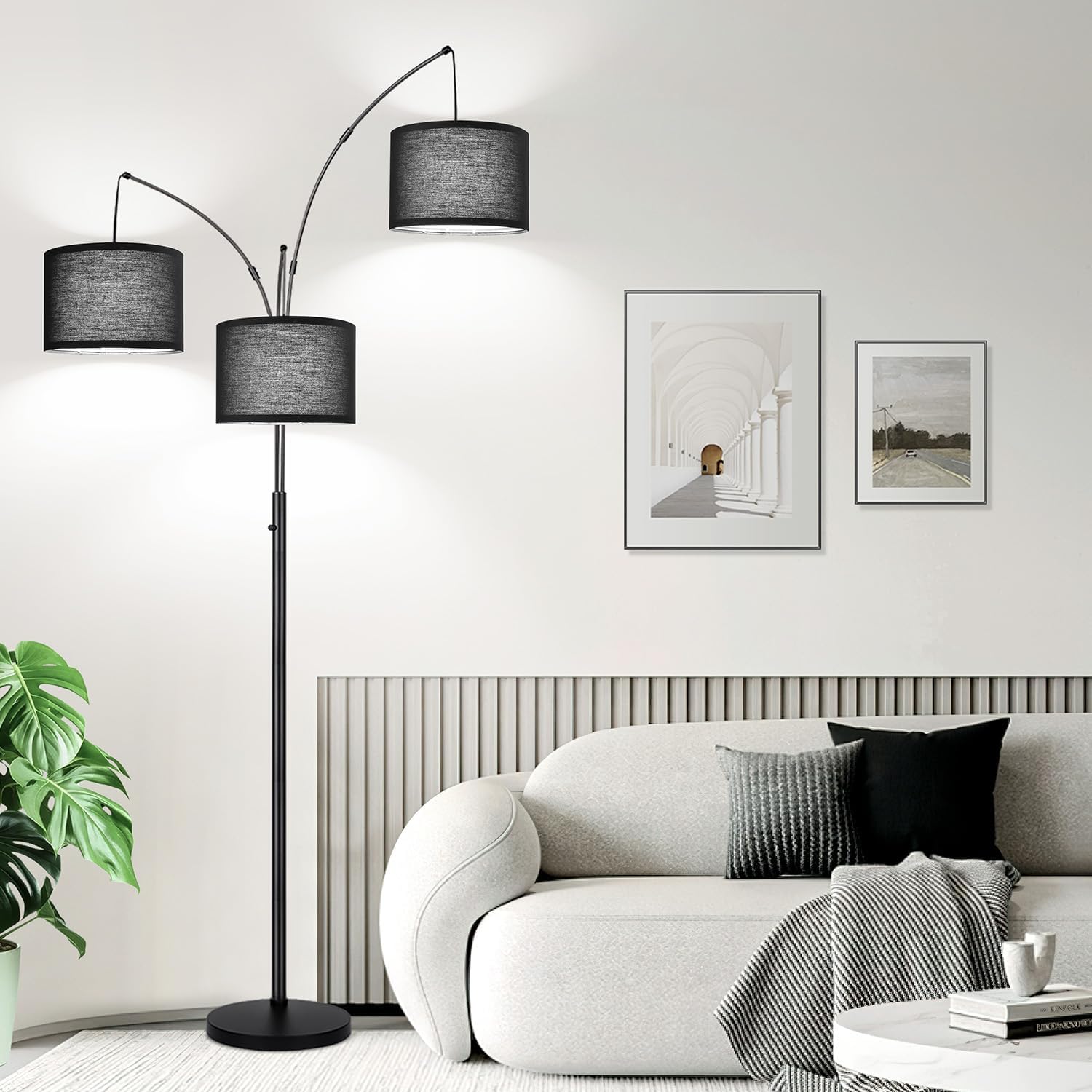 Dimmable Floor Lamp, 3 Light Arc Floor Lamp, Modern Tall Standing Tree Lamp with Black Shades & Heavy Base, 3000LM Cool White LED Bulbs…