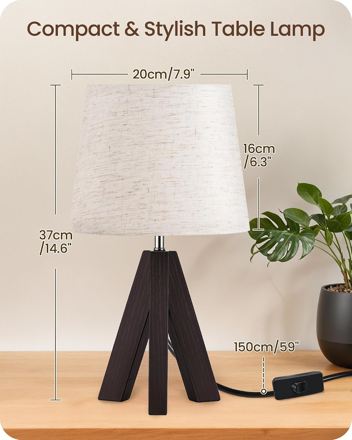 Tripod Table Lamp, 14.6 Inch Small Bedside Lamp with Beige Linen Shade & Dark Walnut Base, Modern Nightstand Lamp for Bedroom, Kids Room…