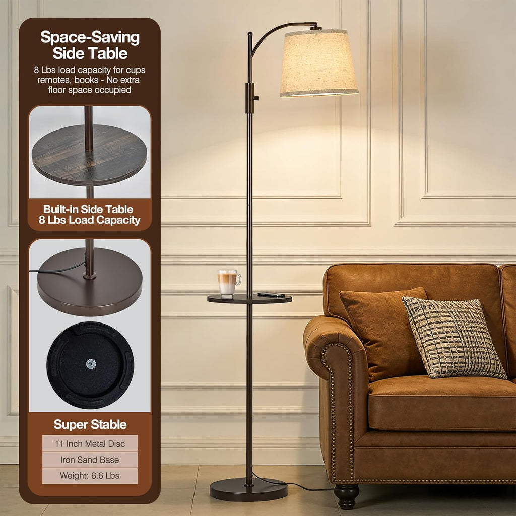 AIDENOEY Fully Dimmable Floor Lamp for Living Room, Standing Lamp Rotary Switch with Table&Linen Beige Shade, Brown Tall Lamps for Bedroom…