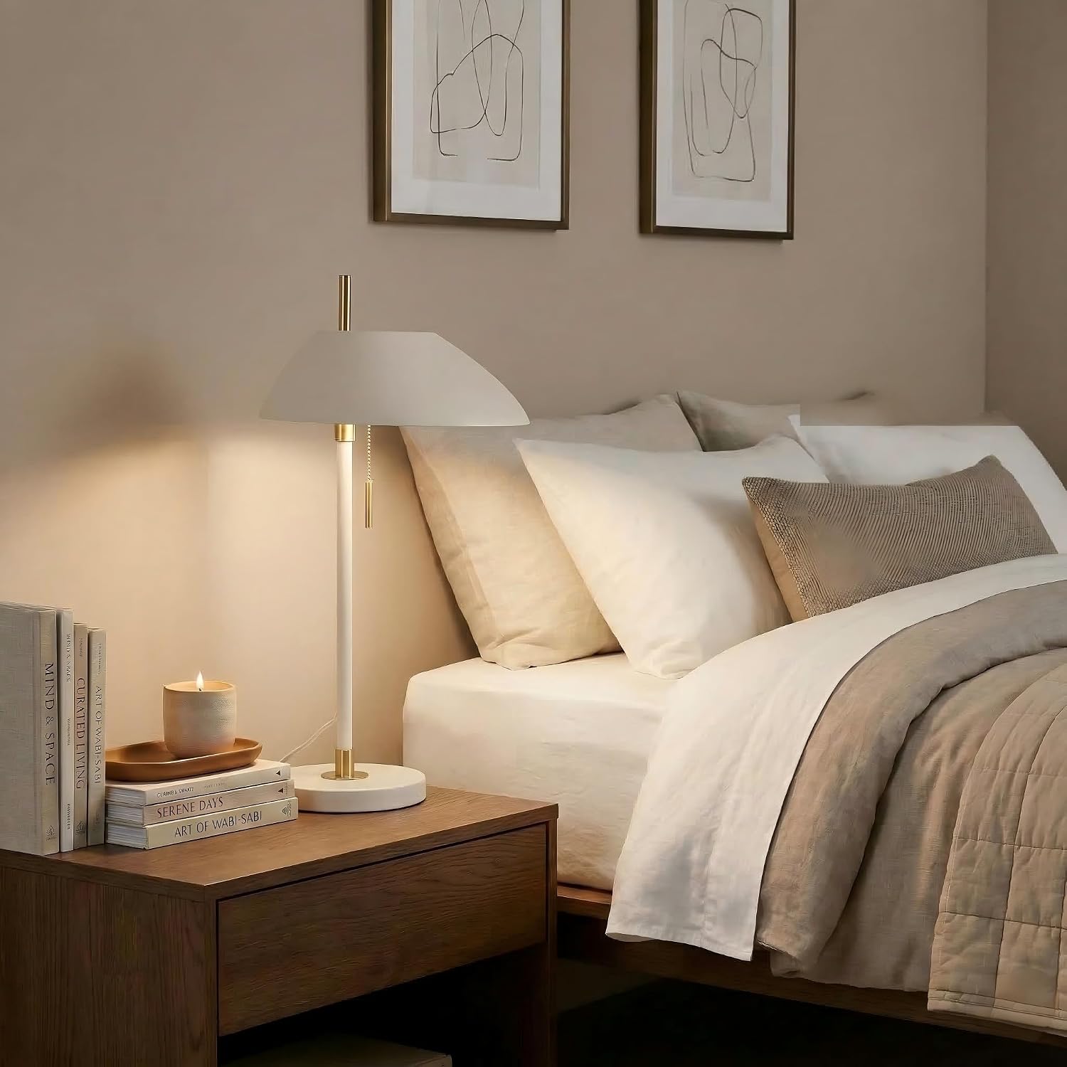 Modern Vintage White Table Lamp, Industrial Minimalist All-Metal Bedside Lamp with Pull Chain Switch, Decorative Nightstand Lamp for…