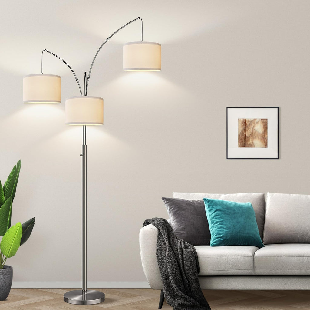Dimmable Brushed Nickel Floor Lamp, 3 Light Arc Floor Lamp, Modern Tall Standing Tree Lamp with White Shades & Heavy Base, 3000LM Cool…