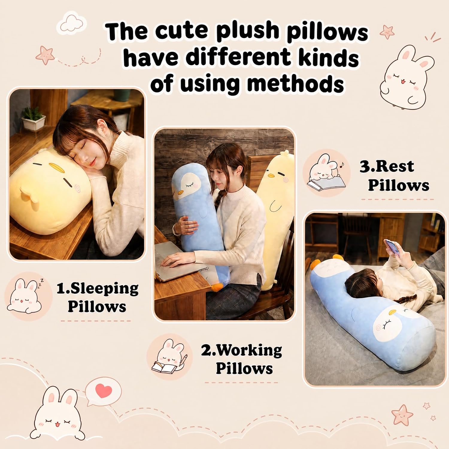 Long Plush Cute Body Pillows 39" Cuddle Stuffed Animal Shaped Bed Body Pillows Soft Cotton Plushies Doll Toy Gifts (Bunny, 39 Inch)