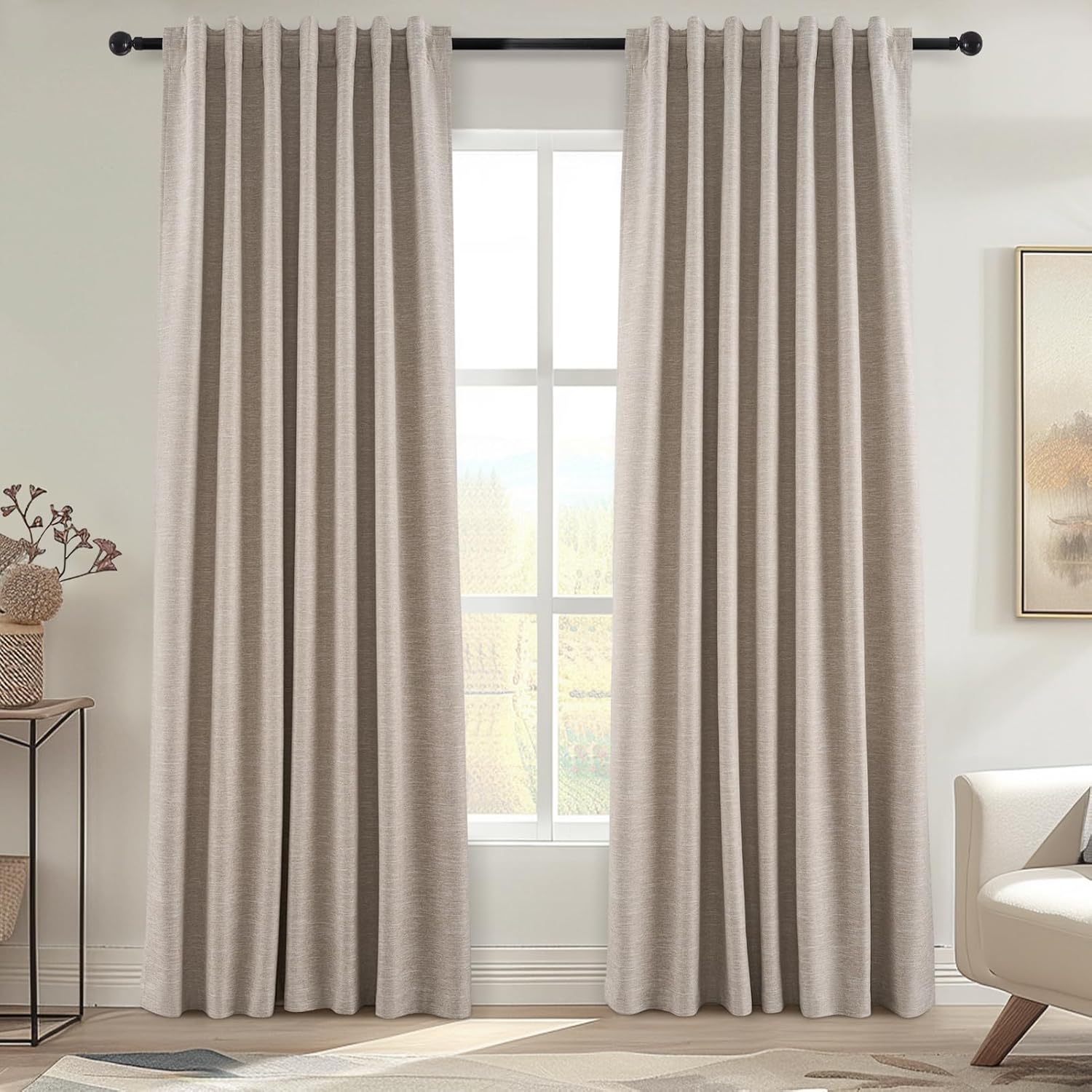 Topfinel Extra Long Linen Blackout Curtains 132 Inches Long for Bedroom Farmhouse High Ceiling Mount Track Tall Curtain with Hooks Drapes f…