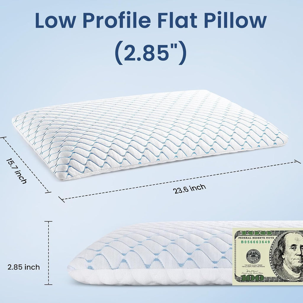 2.85" Ultra Thin Memory Foam Pillow with Cool-to-Touch Cover, Low Profile Flat Bed Pillow for Back & Stomach Sleepers, Standard Size