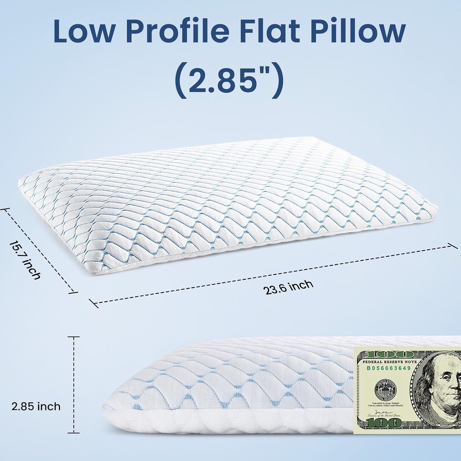2.85" Ultra Thin Memory Foam Pillow with Cool-to-Touch Cover, Low Profile Flat Bed Pillow for Back & Stomach Sleepers, Standard Size