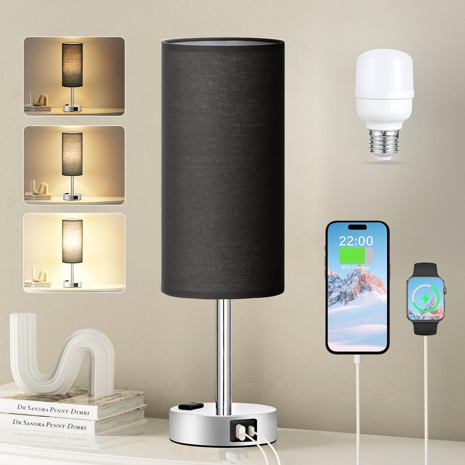 Black Bedroom Table Lamp for Bedside - 3 Way Dimmable Touch Lamp USB C A Charging Ports and AC Outlet, Small Desk Lamp for Nightstand for…