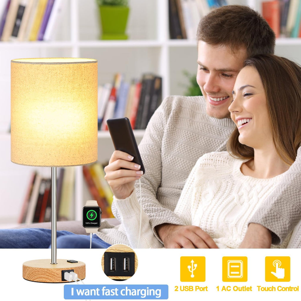 Lynnoland Set of 2 Touch Wood Table Lamps, Bedroom Lamps with 2 USB AC Outlet, 3-Way Dimmable Bedside Nightstand Lamps for Bedroom Living…