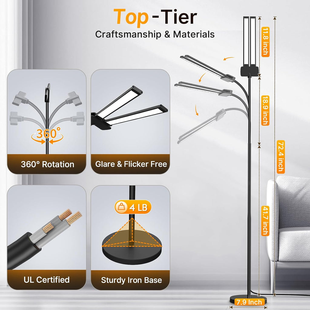 Syrinx LED Floor Lamp, 18W 2000LM Bright Reading Floor Lamp for Office, Gesture & Remote Control, Dual Head Goose-Neck Standing Lamp…