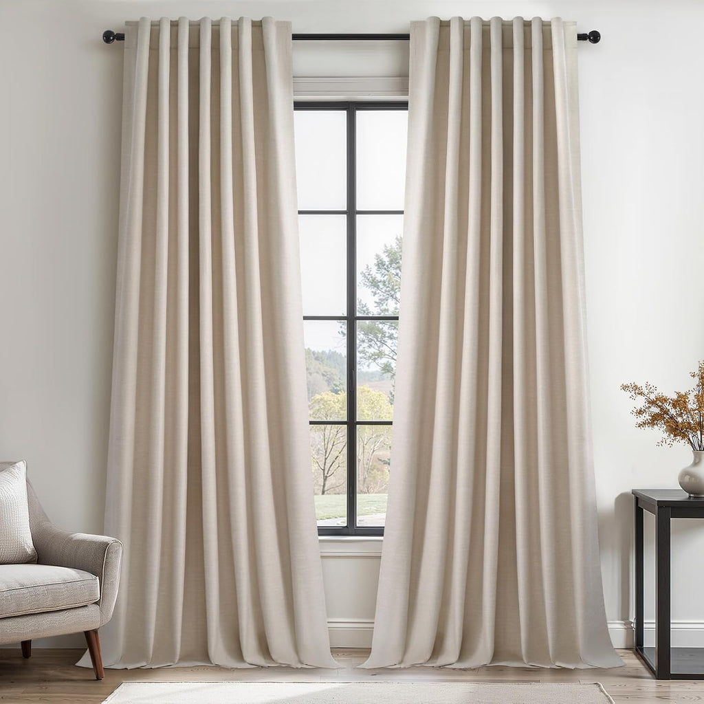 Topfinel Extra Long 132 Inch 100% Blackout Curtains for Livingroom Neutral Boho Linen Blend Farmhouse Curtain Drapes Sound Proof Drapes Pri…