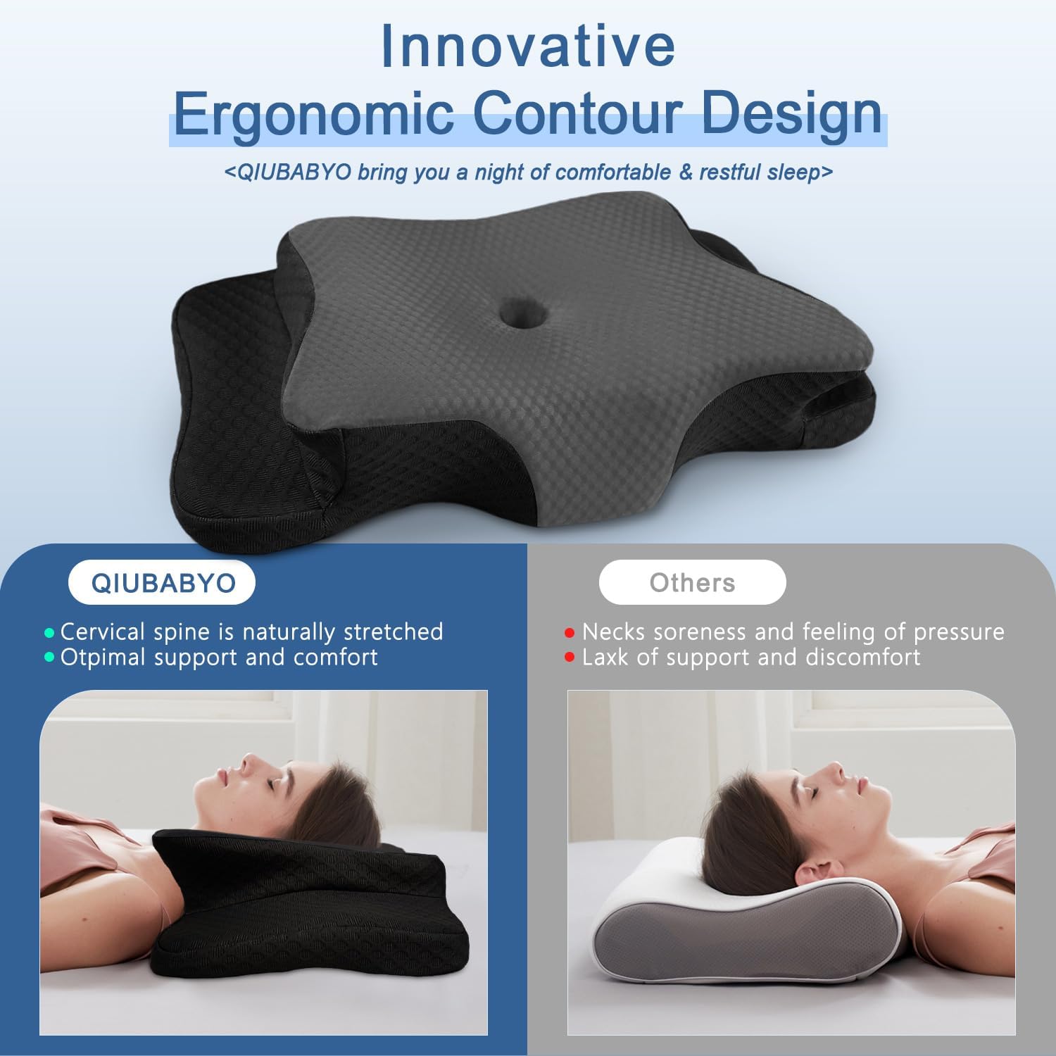 Qiubabyo Cervical Pillow for Neck Support, Adjustable Ergonomic Pillow Cozy Sleeping, Odorless Orthopedic Memory Foam Pillows, Contour Bed…
