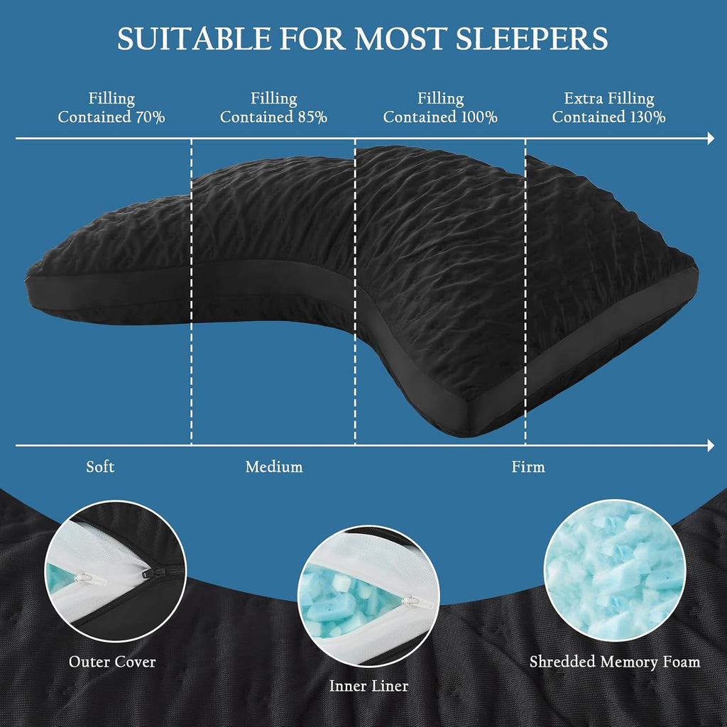 Cooling Sleeper Pillow for Neck and Shoulder Pain, Luxury Adjustable Shredded Memory Foam Curved Gusseted Crescent Pillow for Side and…