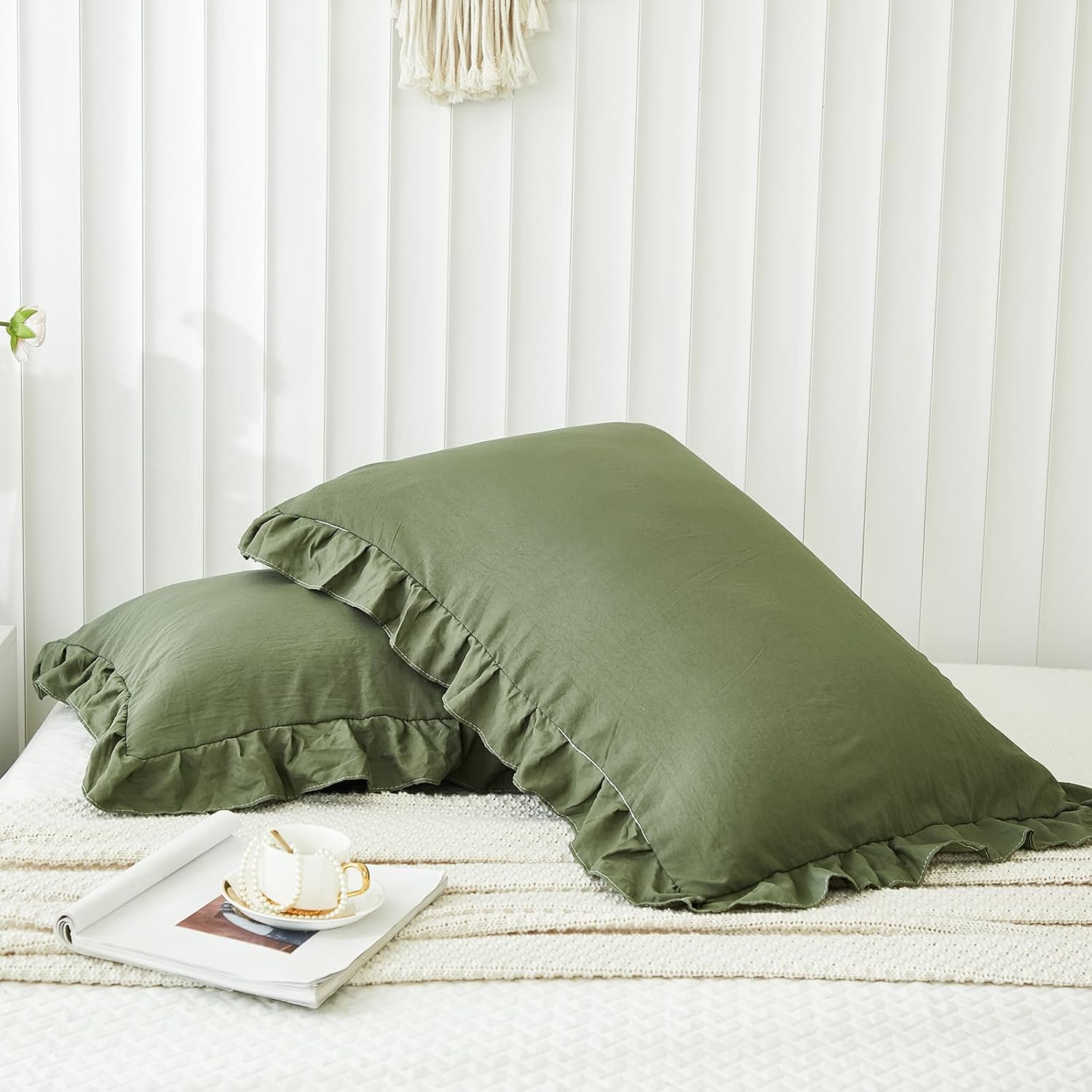 Merryword Olive Green Pillow Shams Standard Pillowcases 20x26inch Dark Green Ruffle Cute Pillow Cover Set of 2 Shabby Chic Soft Microfiber…